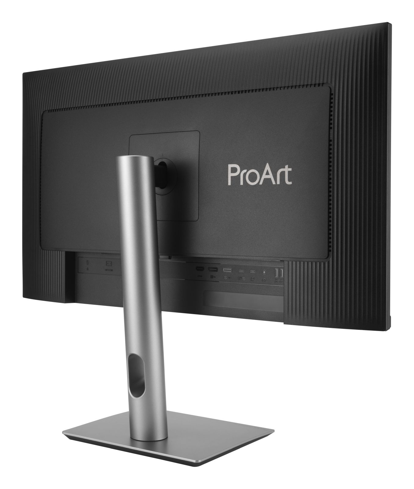 Retro di un monitor nero con supporto argentato e porte.