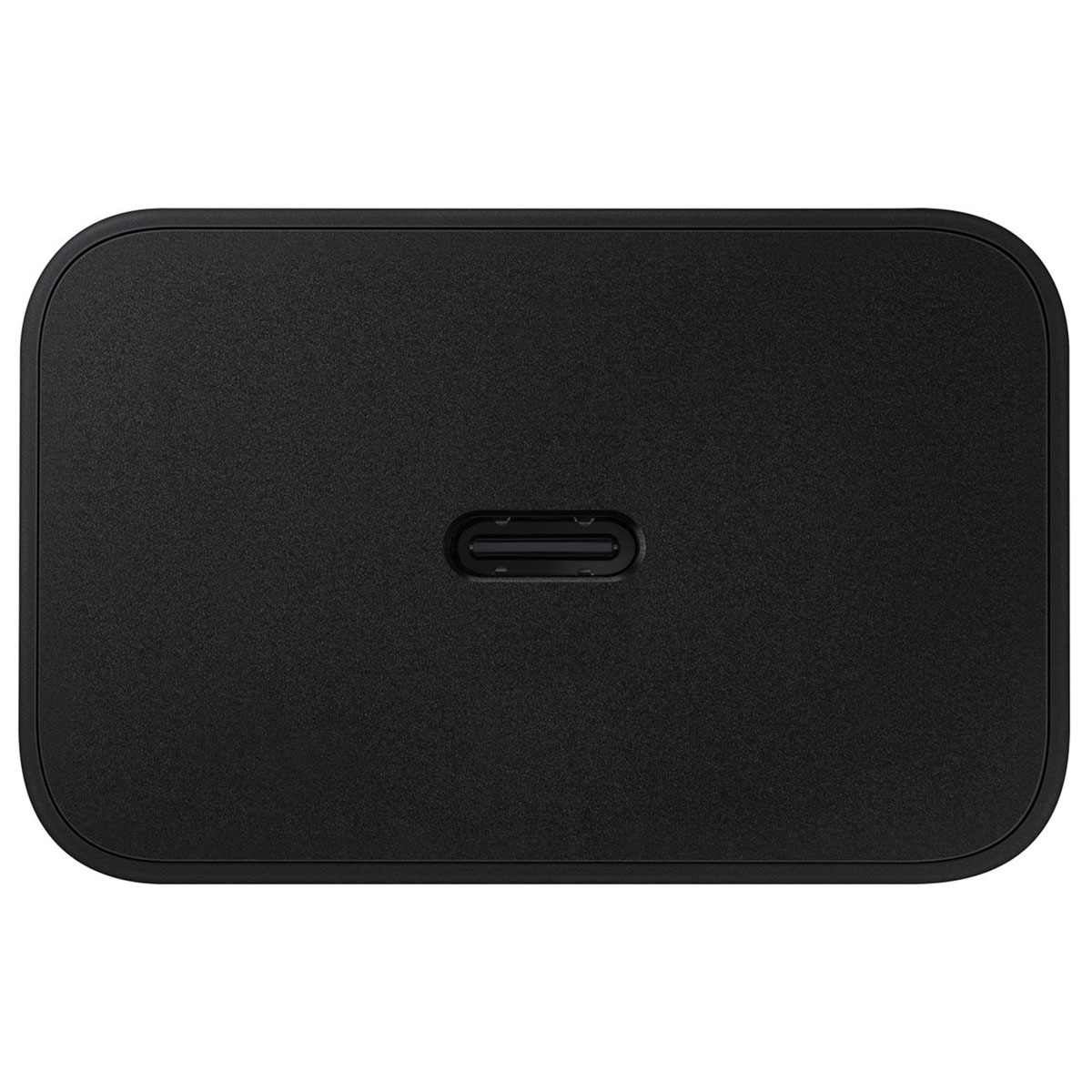 Caricabatterie USB-C nero con superficie ruvida e porta ovale.