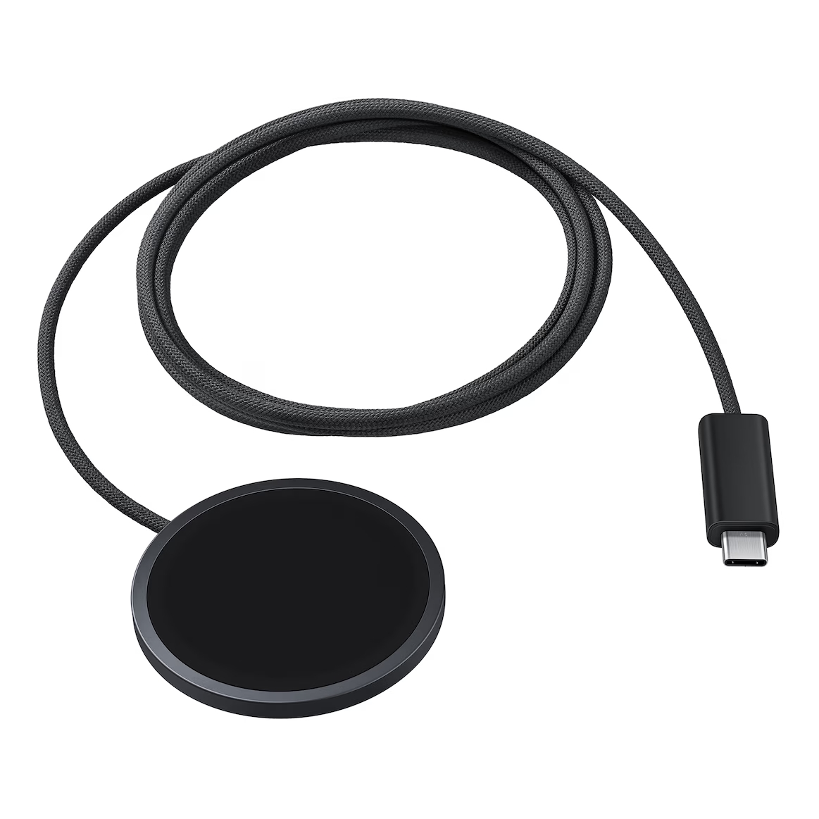 Caricatore rotondo nero con cavo intrecciato e connettore USB-C.