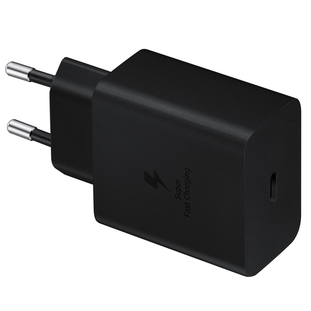 Adattatore di ricarica rapida Samsung nero con due pin argentati.