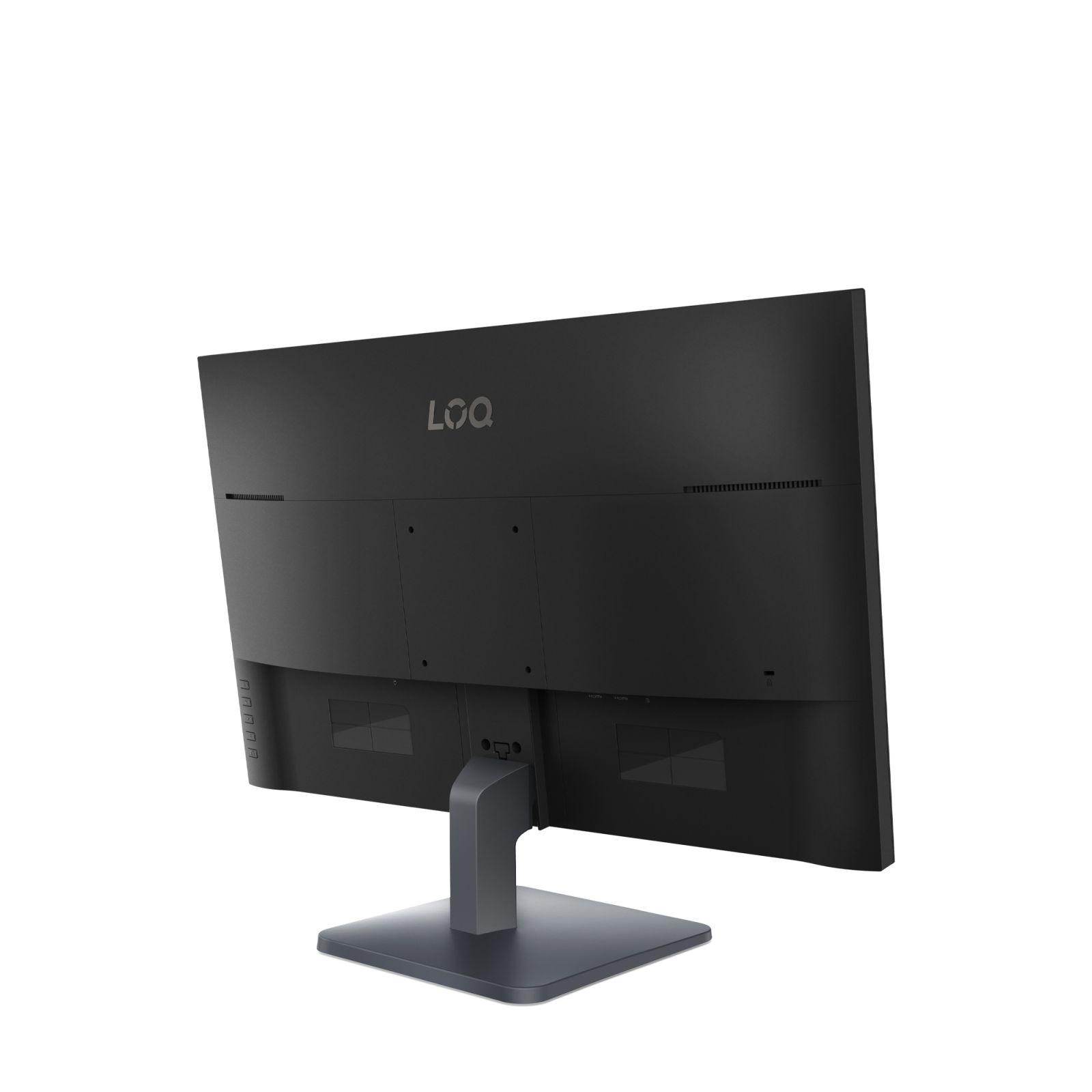 Parte trasera de un monitor negro con logo LOQ y puertos.