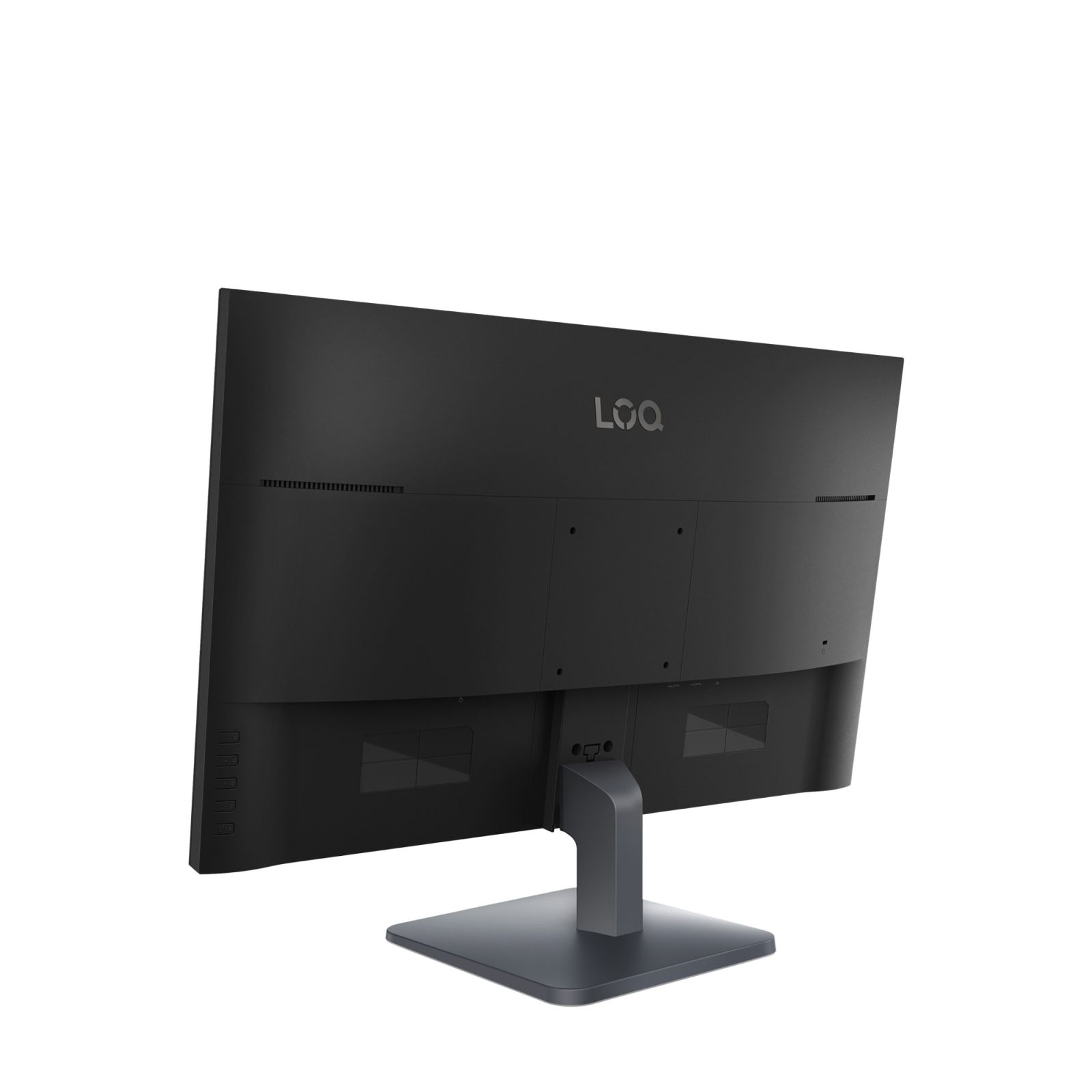 Vista trasera de un monitor negro con logo LOQ y soporte sobre fondo blanco.