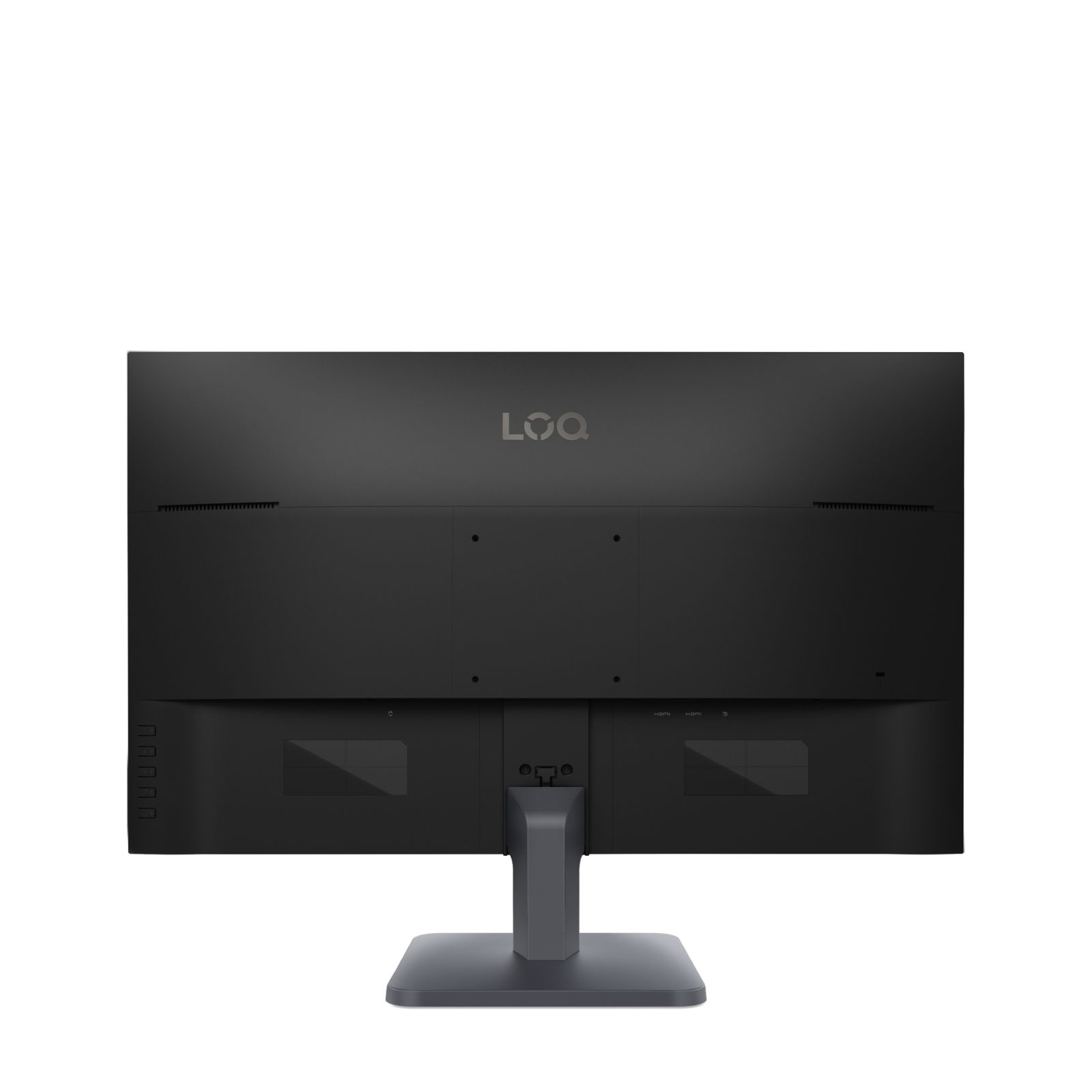 Parte trasera de un monitor negro con logo LQ y puertos.