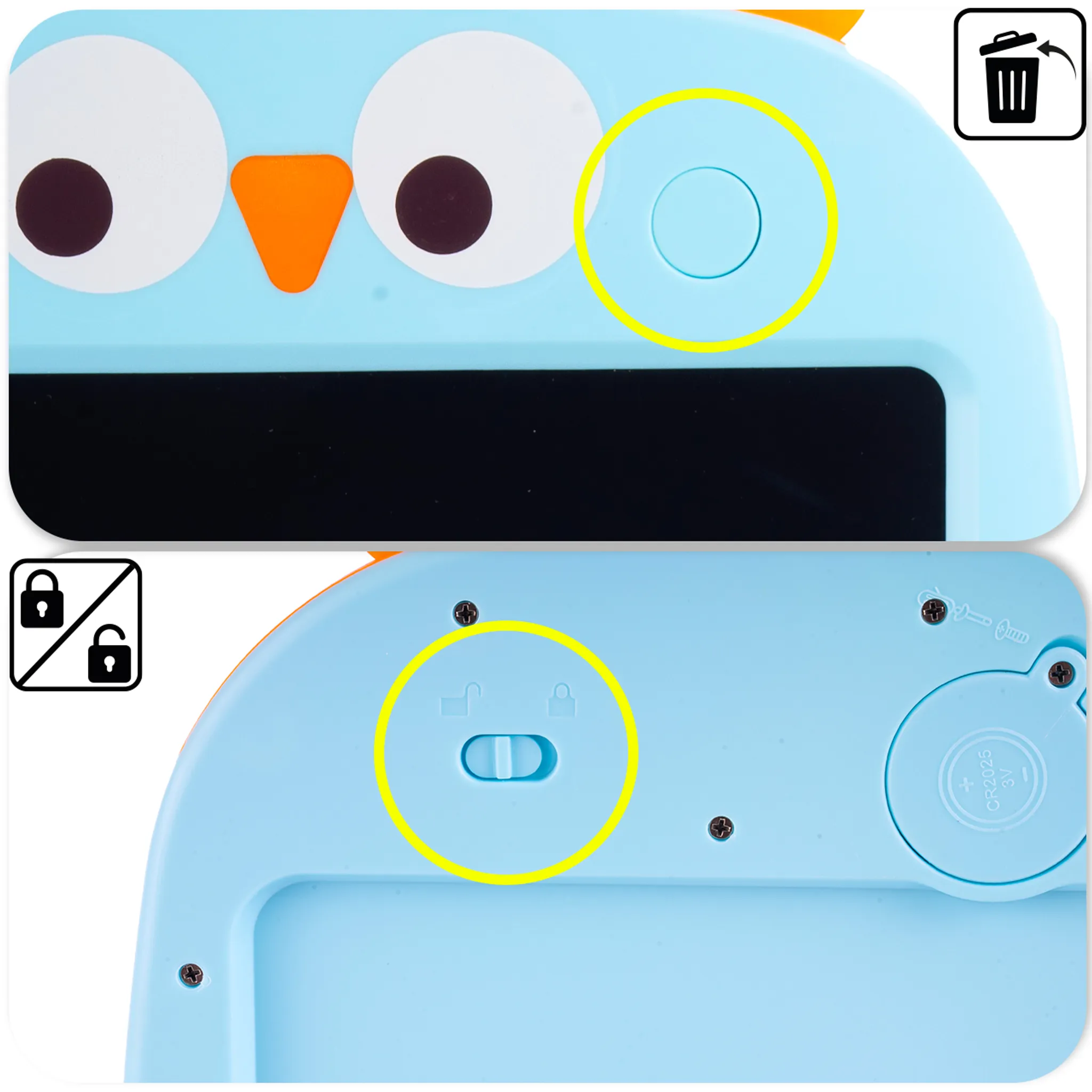 Blauer Spielzeug-Tablet mit Eulenmotiv, Tasten und Schaltern.