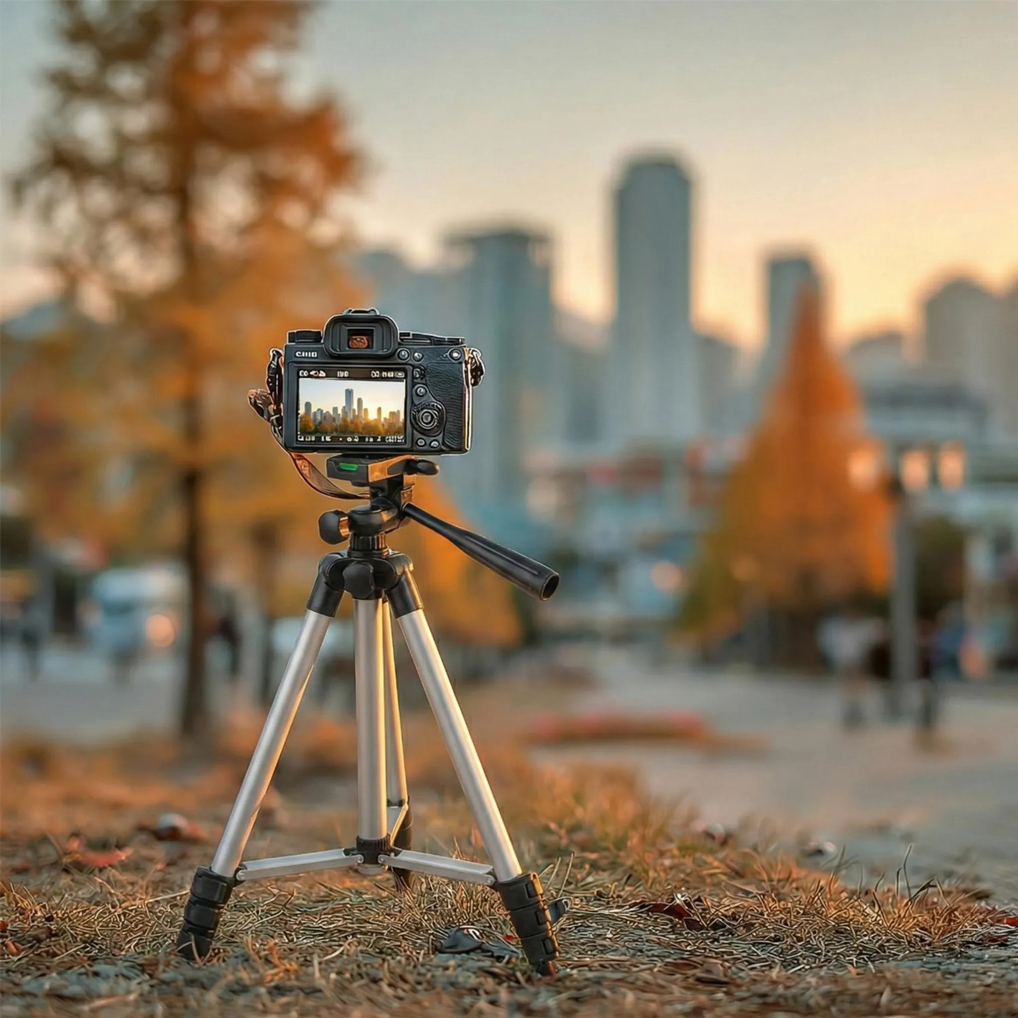 Eine Kamera auf einem Stativ fotografiert eine Stadtkulisse bei Sonnenuntergang.