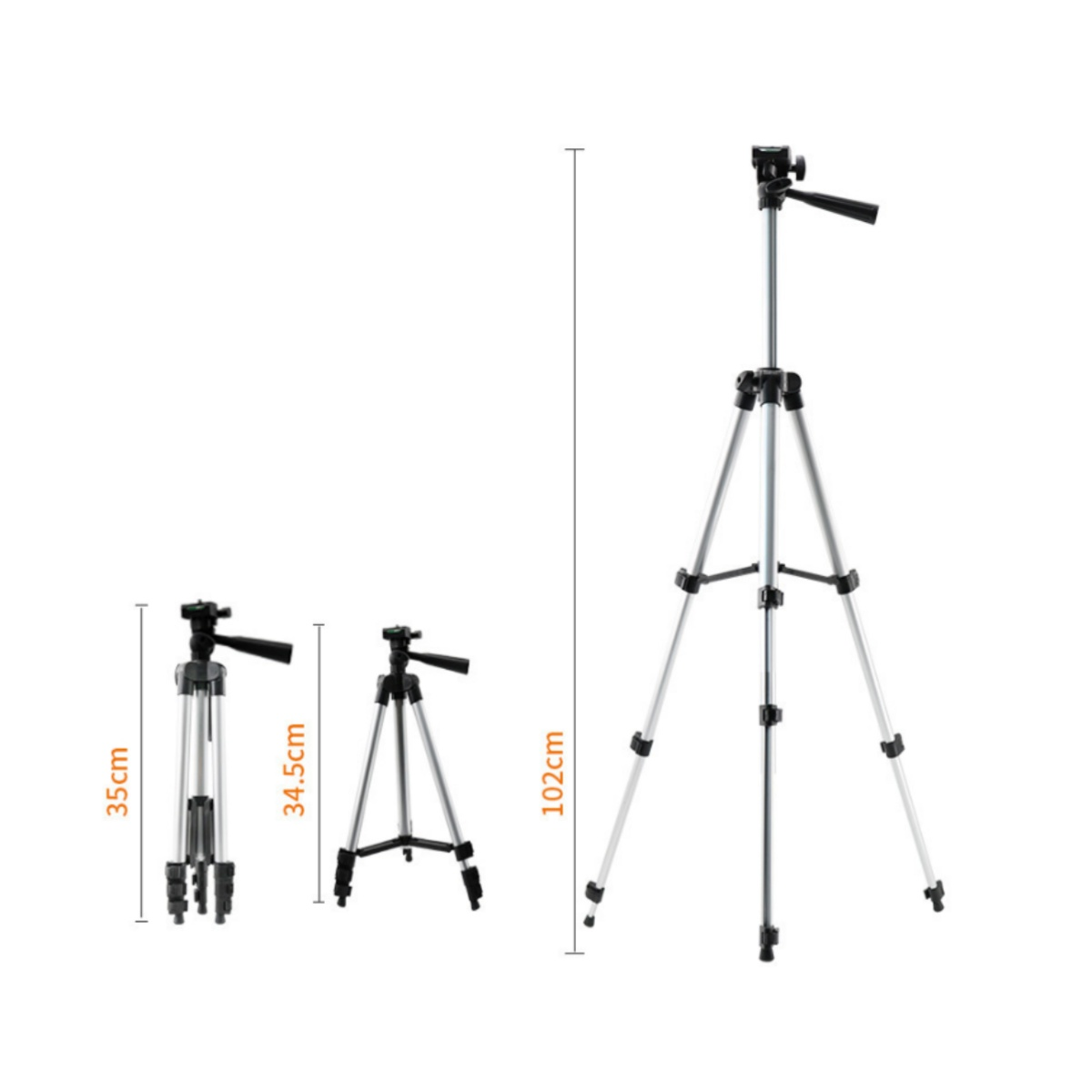 Zwei Aluminiumstative im Vergleich: Ein zusammengeklappt (35cm), eins aufgebaut (34.5cm), und eins voll ausgefahren (102cm).
