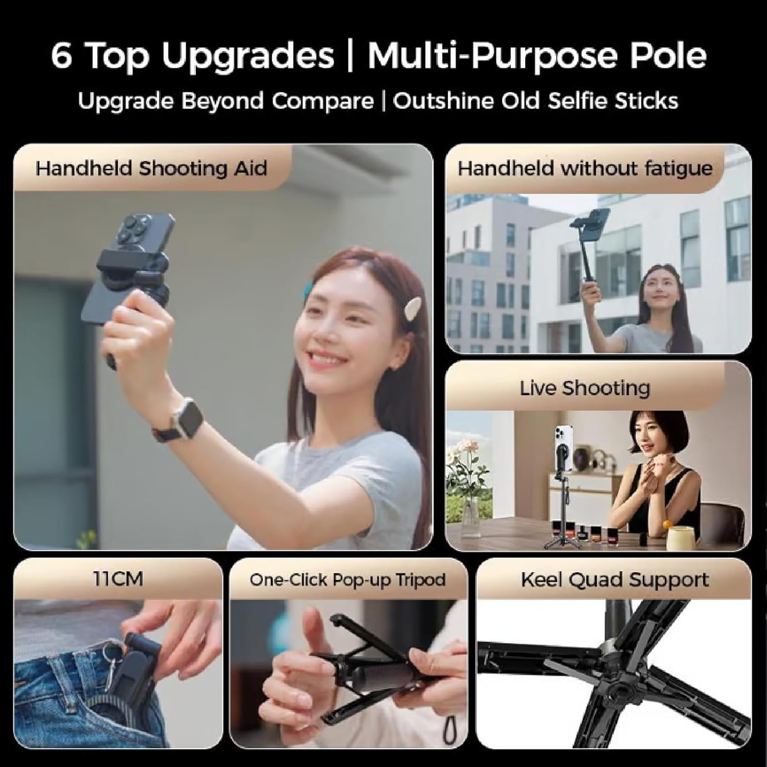 Collage von 6 Upgrades für einen Mehrzweckmast: Handheld-Aufnahme, keine Ermüdung, Live-Aufnahme, 11cm Größe.