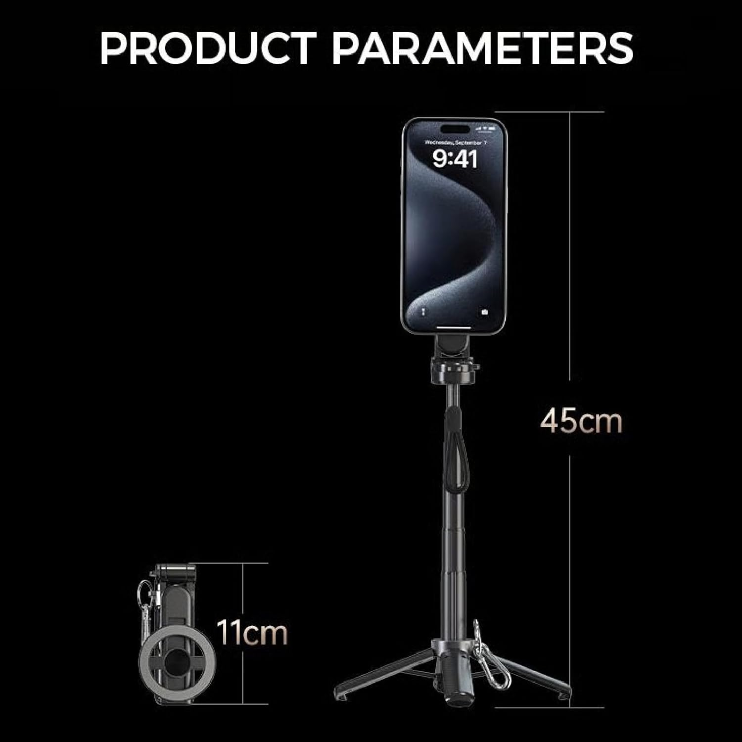 Ein ausgefahrener Selfie-Stick mit Telefon (45cm) und zusammengeklappt (11cm).