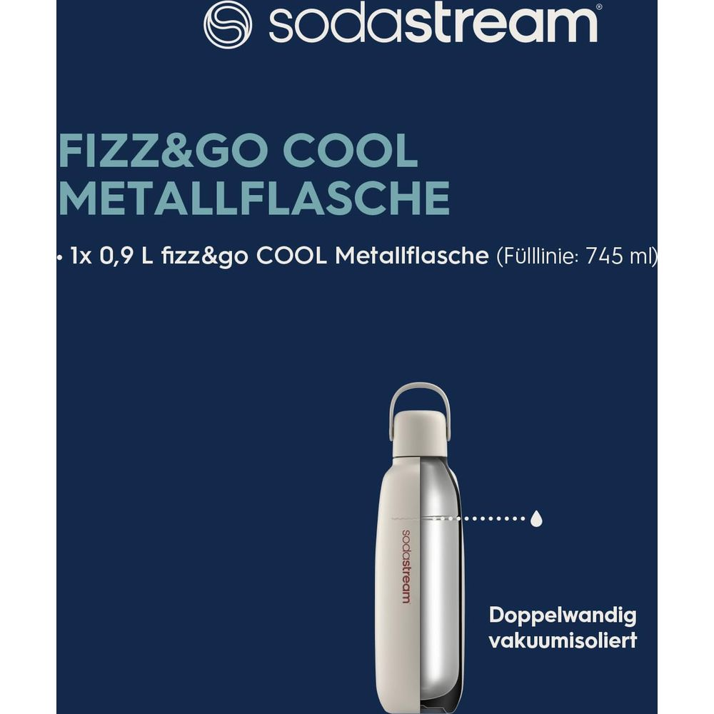 Eine silberne Sodastream Fizz&Go Metallflasche mit weißem Deckel.