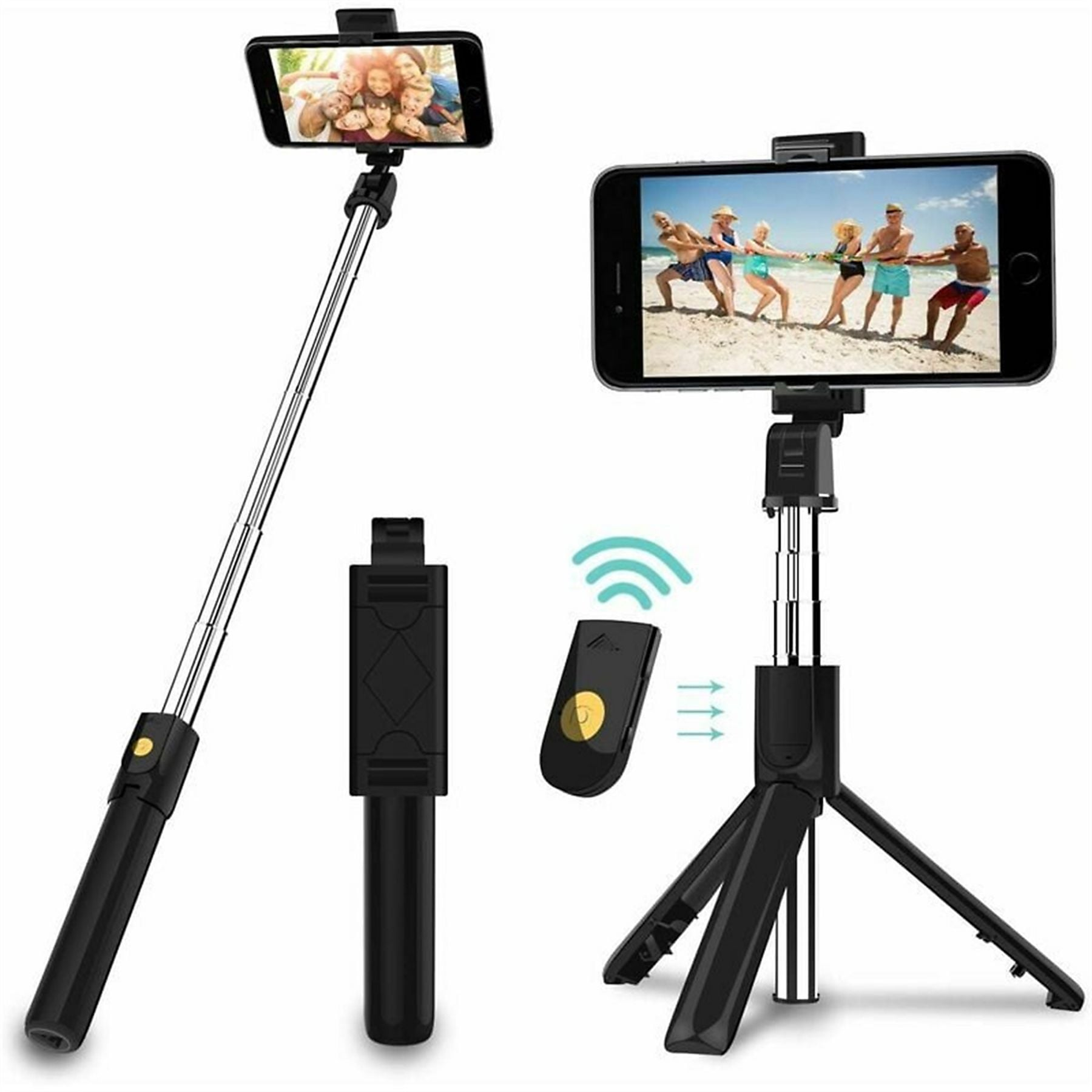 Ein ausziehbarer Selfie-Stick mit einem Smartphone, das eine Familie zeigt.