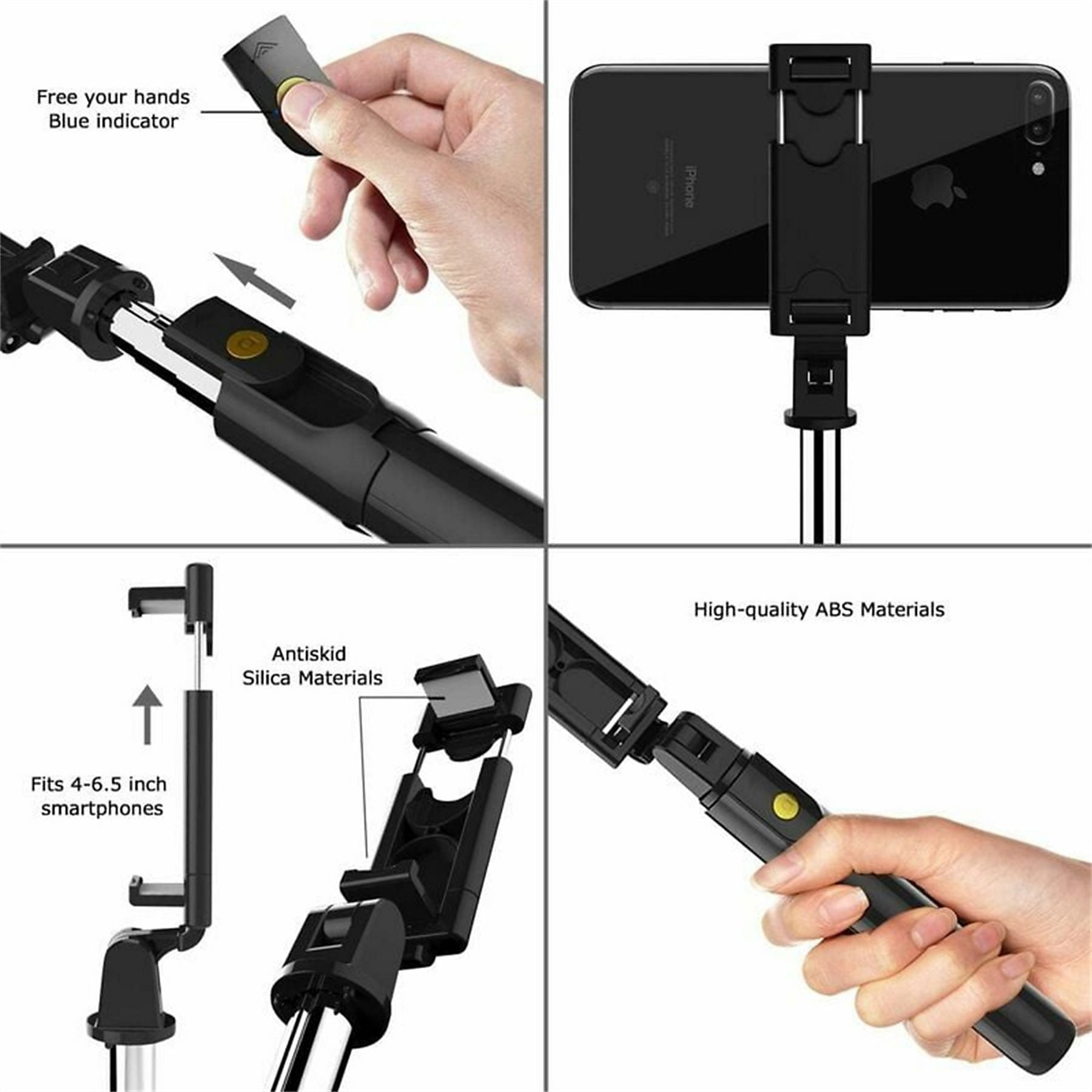 Ein Selfie-Stick mit Handyhalterung, Fernbedienung und ABS-Materialien.
