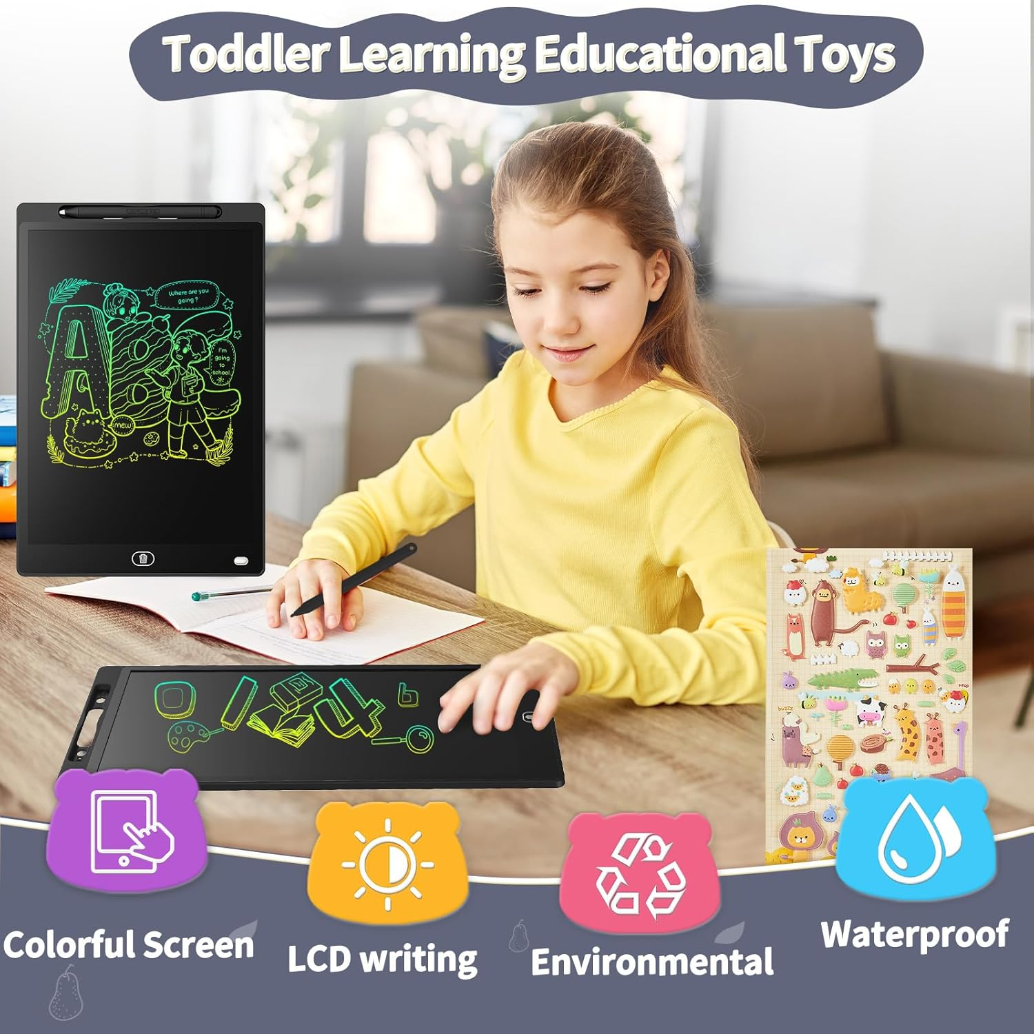 Mädchen zeichnet auf LCD-Tablet; Titel 'Kleinkind Lernspielzeug'.
