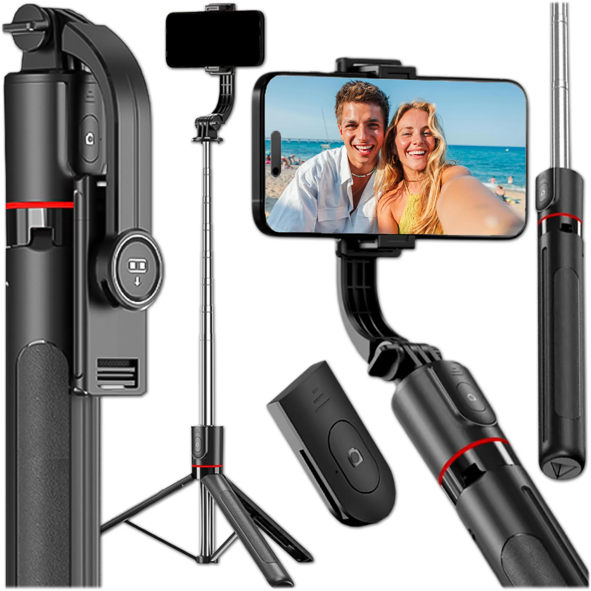 Ein schwarzer Selfie-Stick mit ausziehbarem Stativ, Fernbedienung und Telefonhalterung.