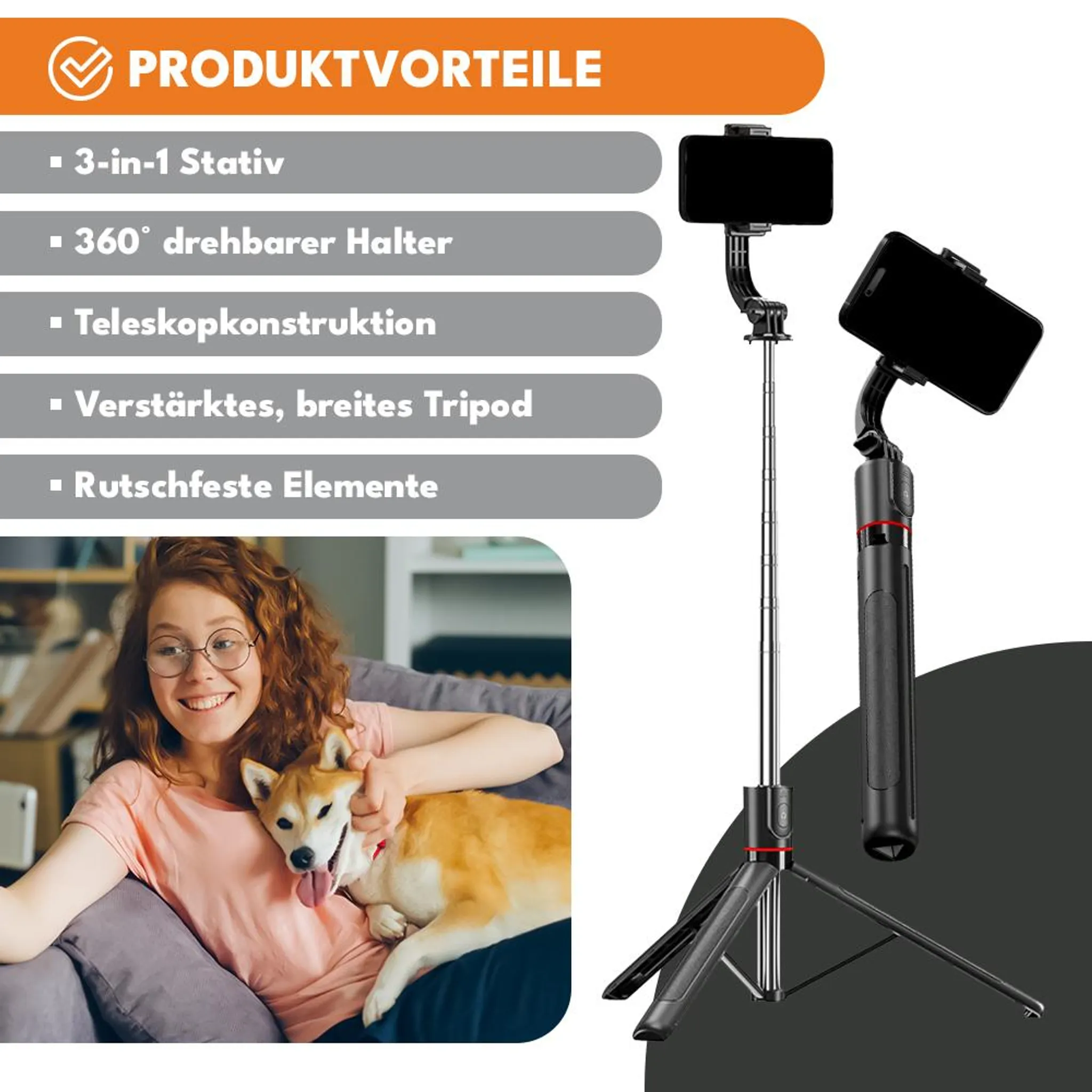 Ein Selfie-Stick mit Stativ und Handyhalter wird gezeigt. Daneben eine Frau mit Hund.