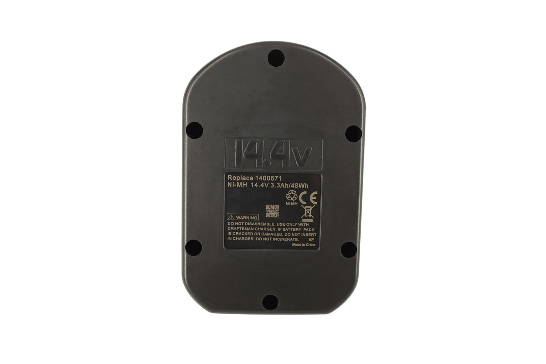 Schwarzer 14,4V Ni-MH-Akkupack mit Warnung und CE-Kennzeichnung.