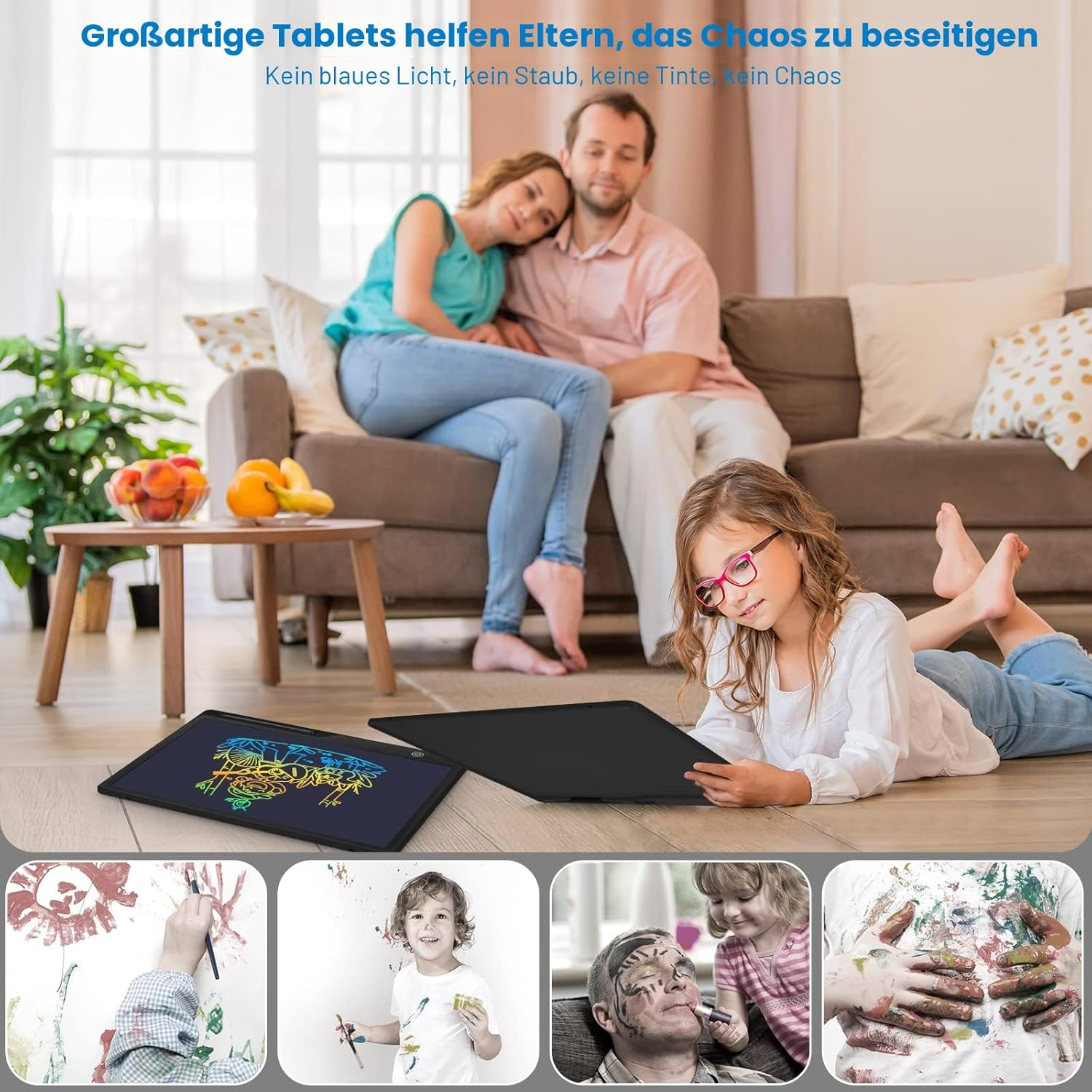 Familie im Wohnzimmer, Kinder malen auf Tablets und Papier.