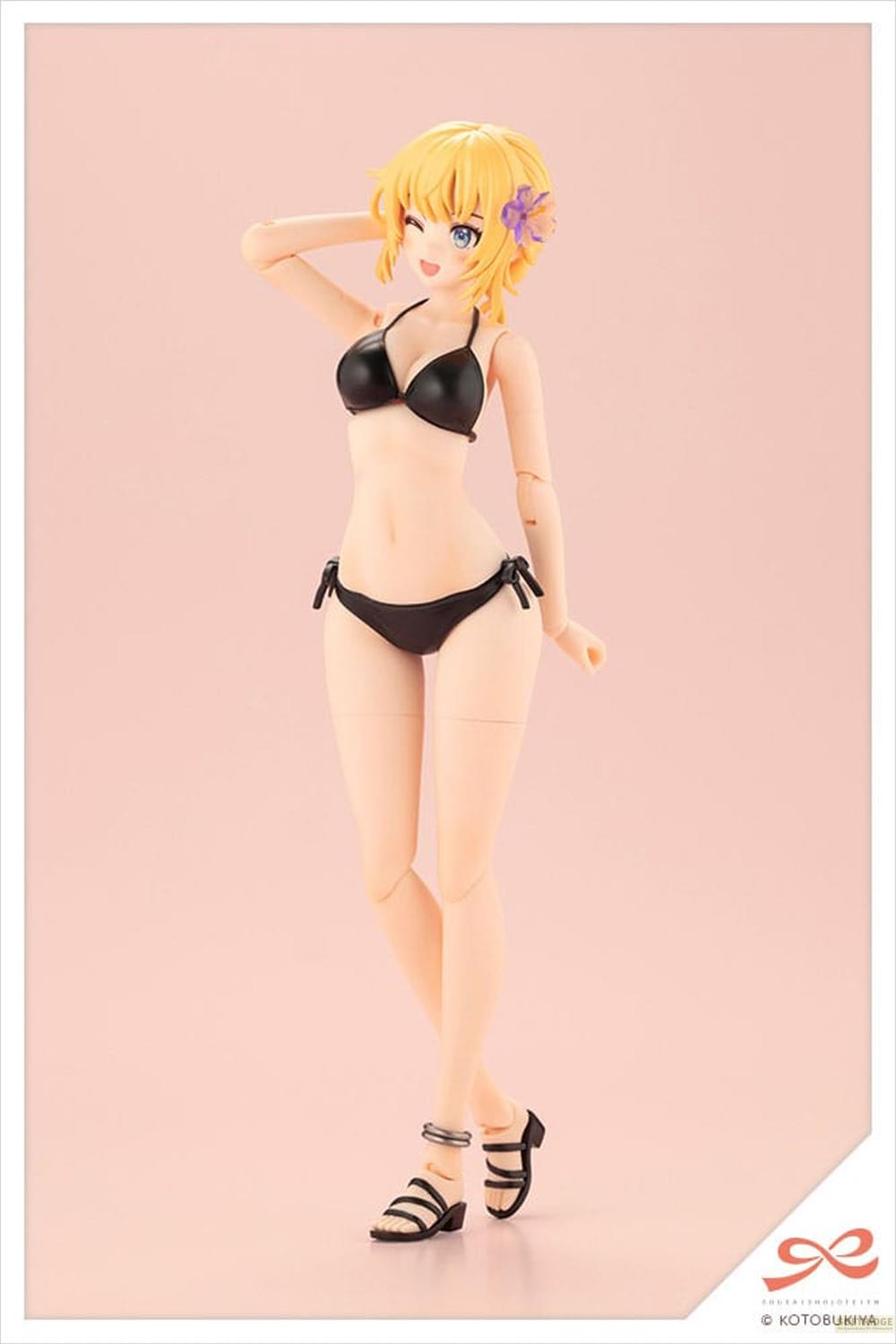 Eine blonde Figur im schwarzen Bikini mit einer Blume im Haar.
