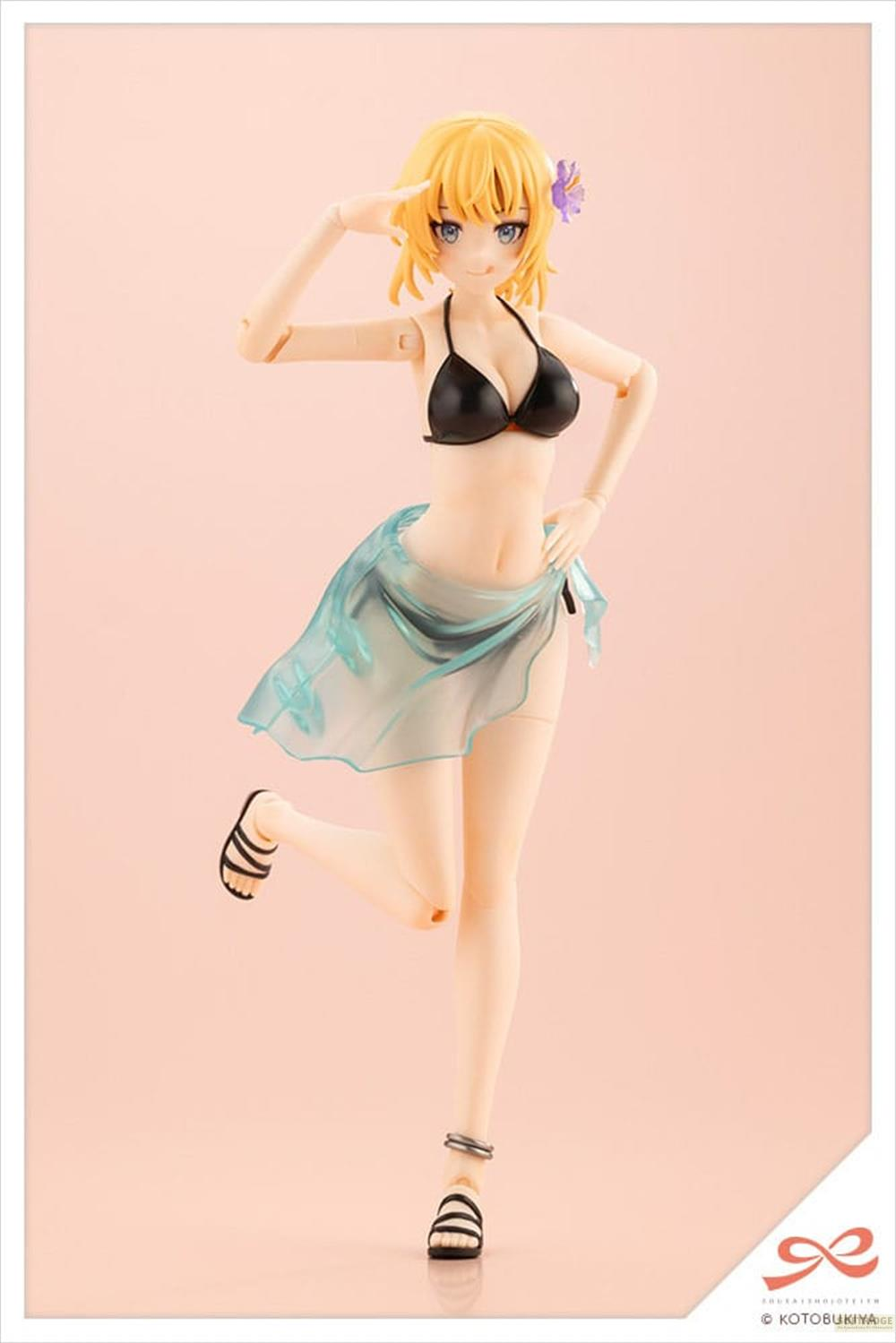 Anime-Figur mit blonden Haaren in schwarzem Bikini, blauem Rock, Salutschritt.