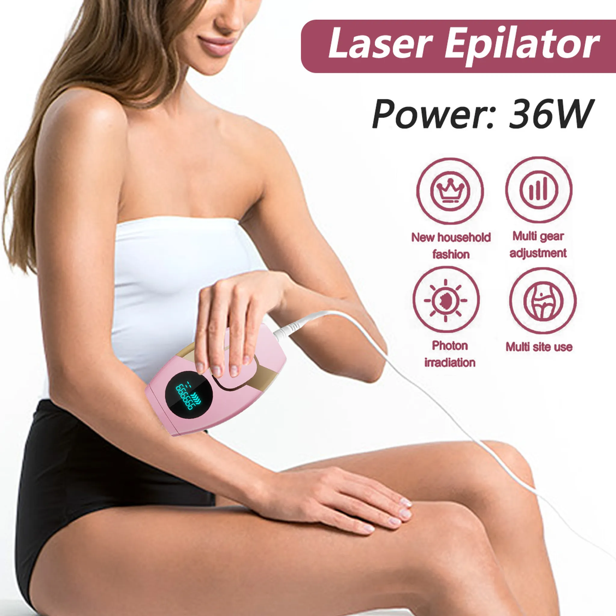Eine Frau hält einen rosa Laser-Haarentferner mit blauem Bildschirm.