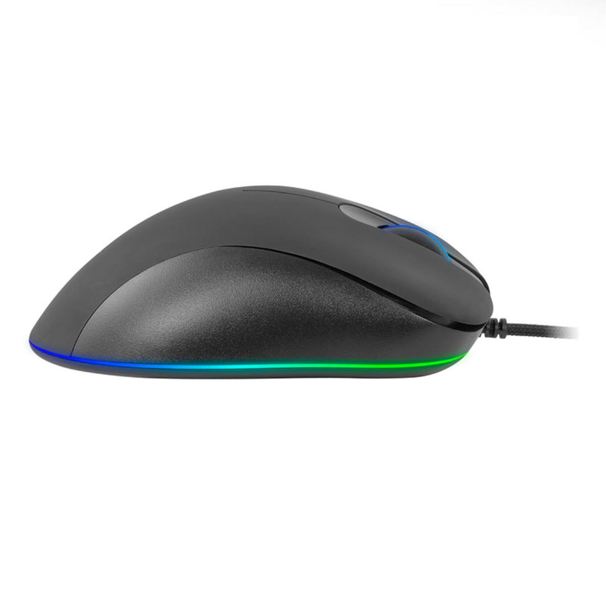 Mouse da computer nero con illuminazione LED blu-verde alla base.