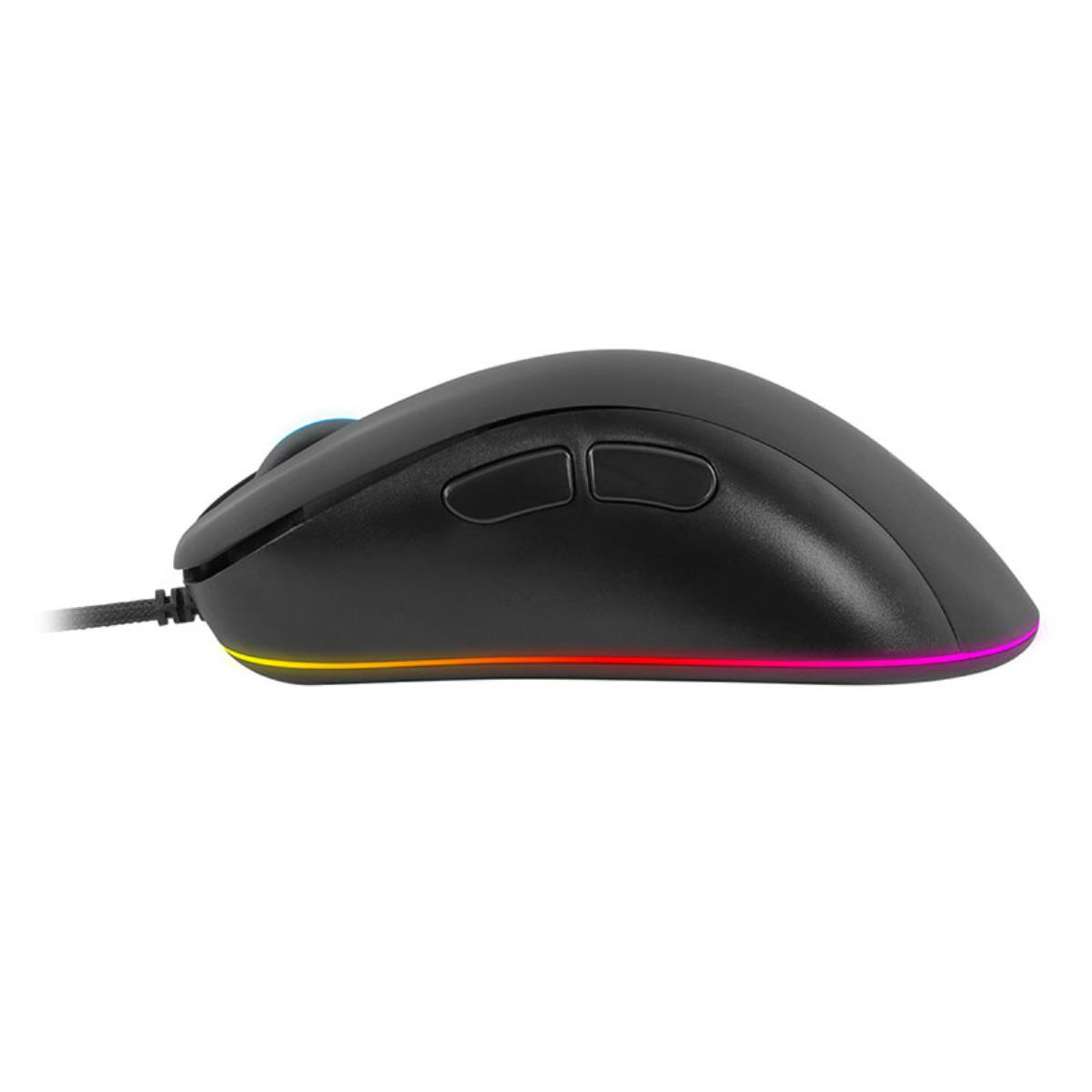 Mouse per computer nero con illuminazione RGB, pulsanti laterali e cavo.