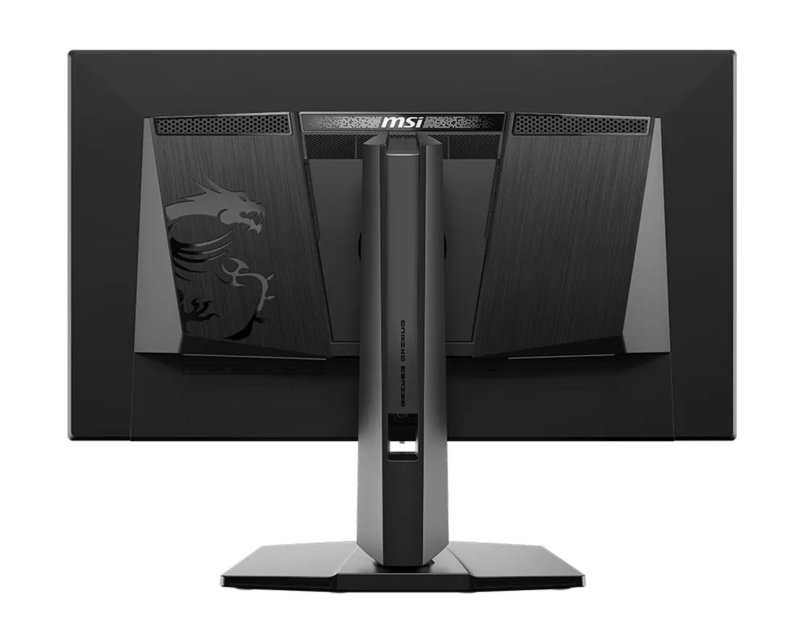 Retro di un monitor gaming MSI nero con logo del drago e griglie di ventilazione.