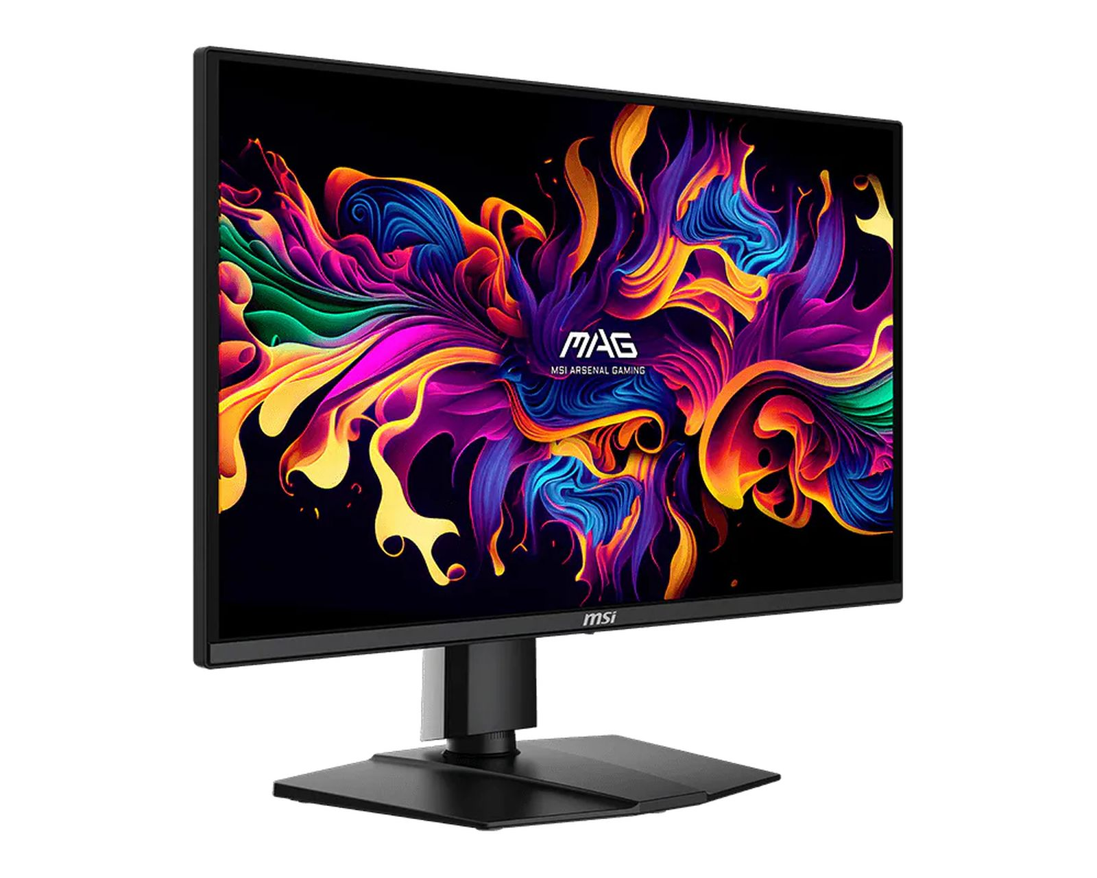 Un monitor da gaming MSI nero con sfondo astratto e infuocato colorato.