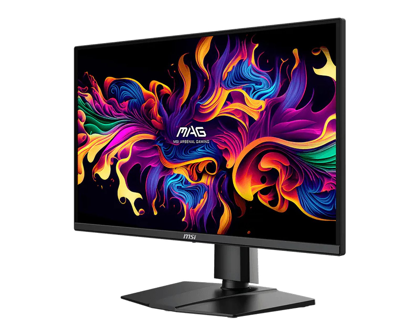 Un monitor da gaming MSI nero visualizza una grafica astratta e vibrante a forma di fuoco con il logo MAG MSI Arsenal Gaming.