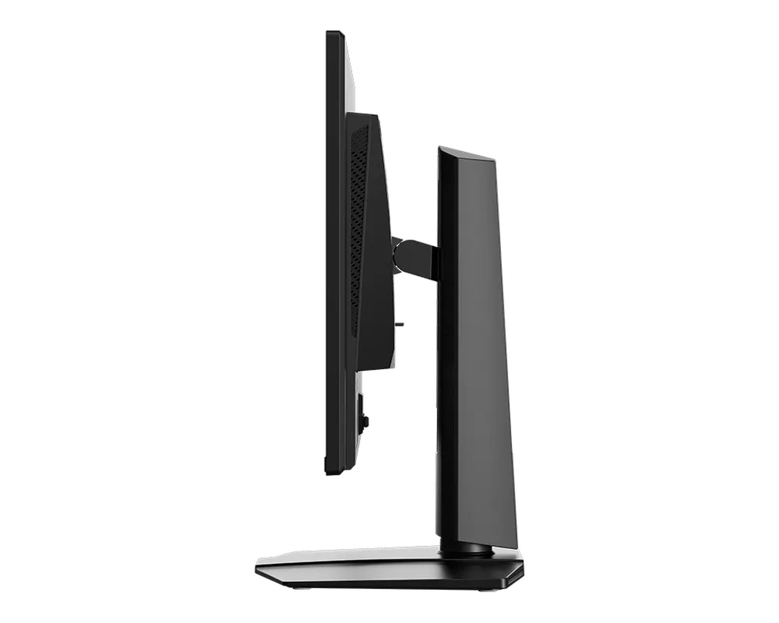 Vista laterale di un monitor nero su supporto, sfondo bianco.
