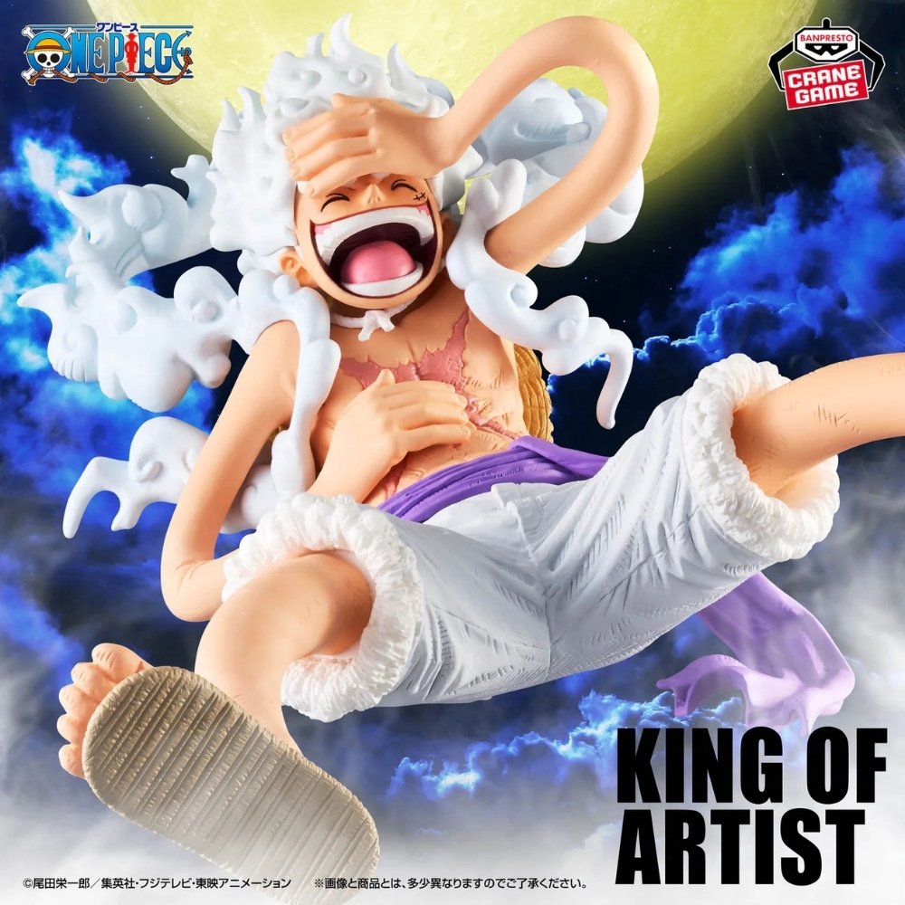 Eine Figur von Luffy in seiner Gear 5 Form, die den Mond im Hintergrund verdeckt.