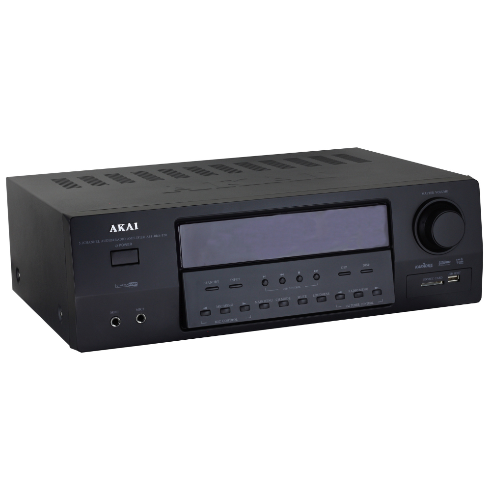 Czarny wzmacniacz audio/radio AKAI z wyświetlaczem, przyciskami i portami.