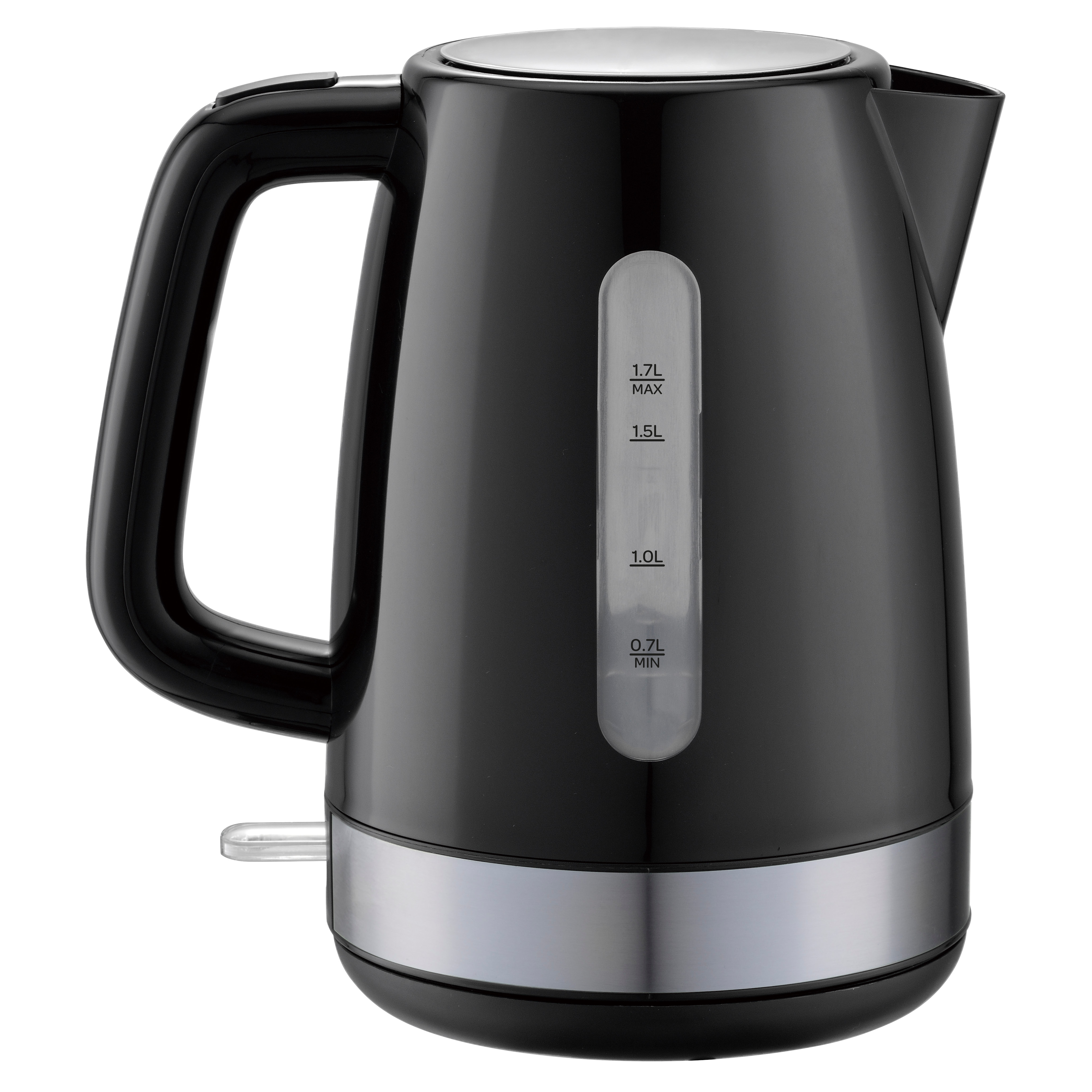 A black electric kettle with a silver band and water level indicator.