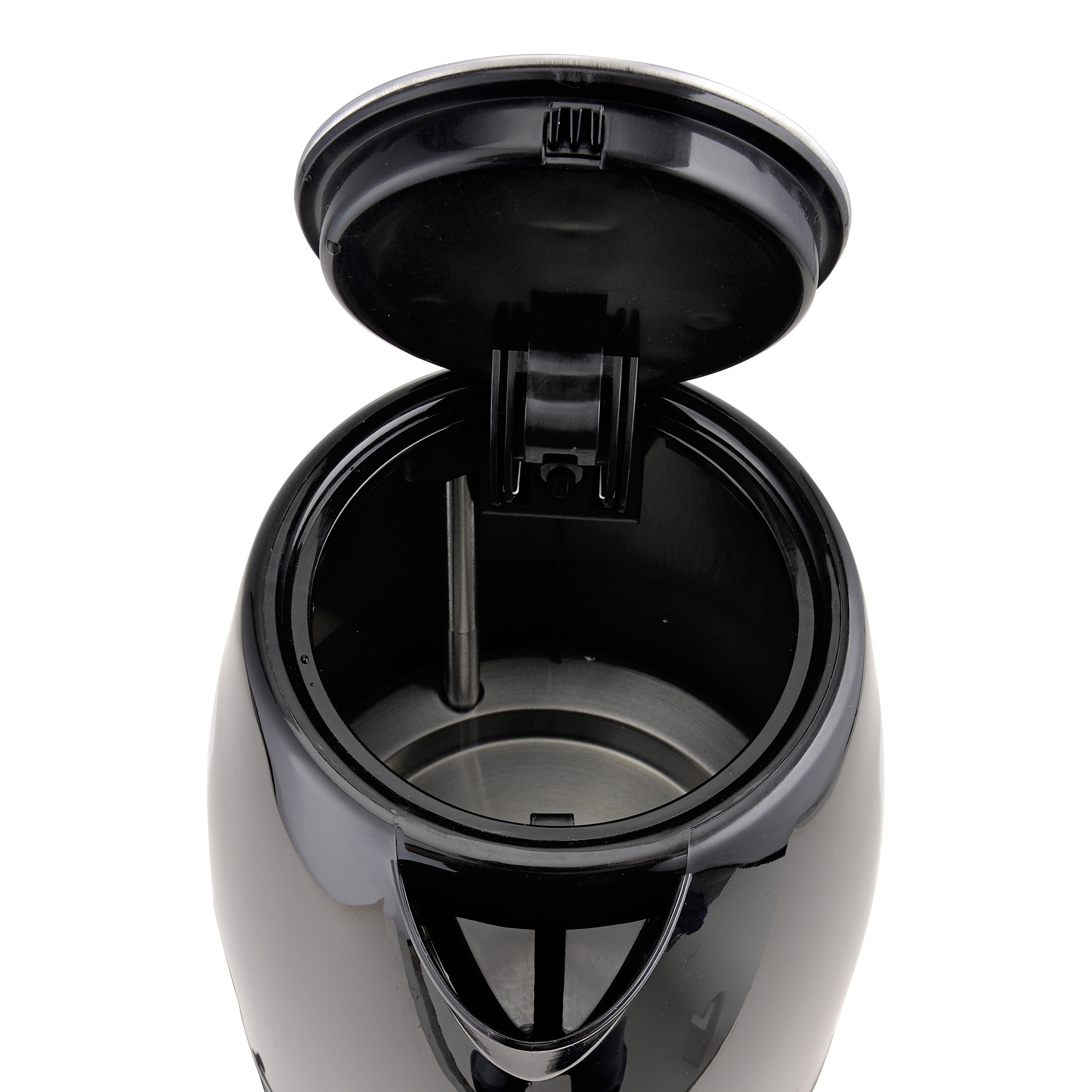 Black electric kettle with open lid, interior view.