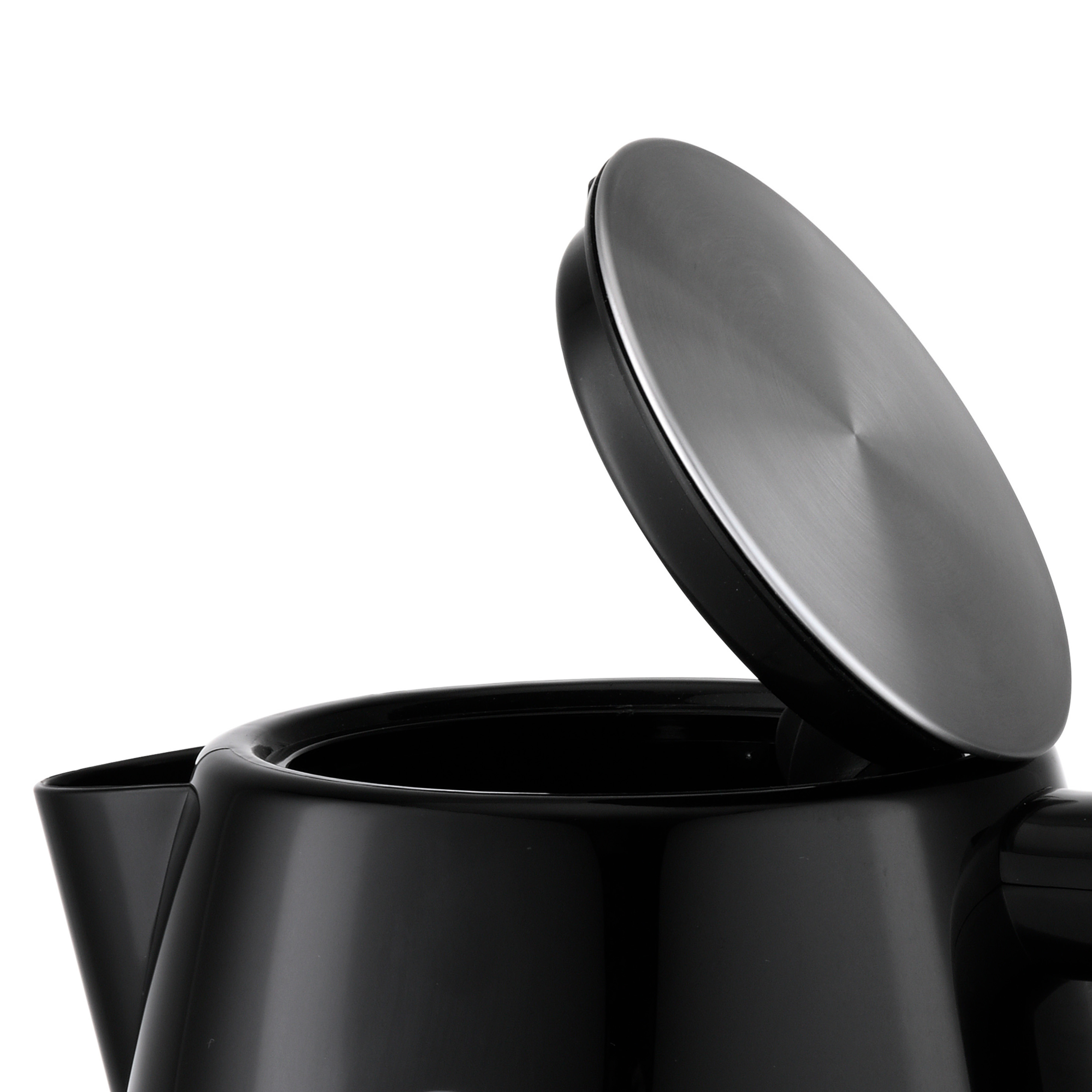 Close-up of a black electric kettle with its stainless steel lid open.