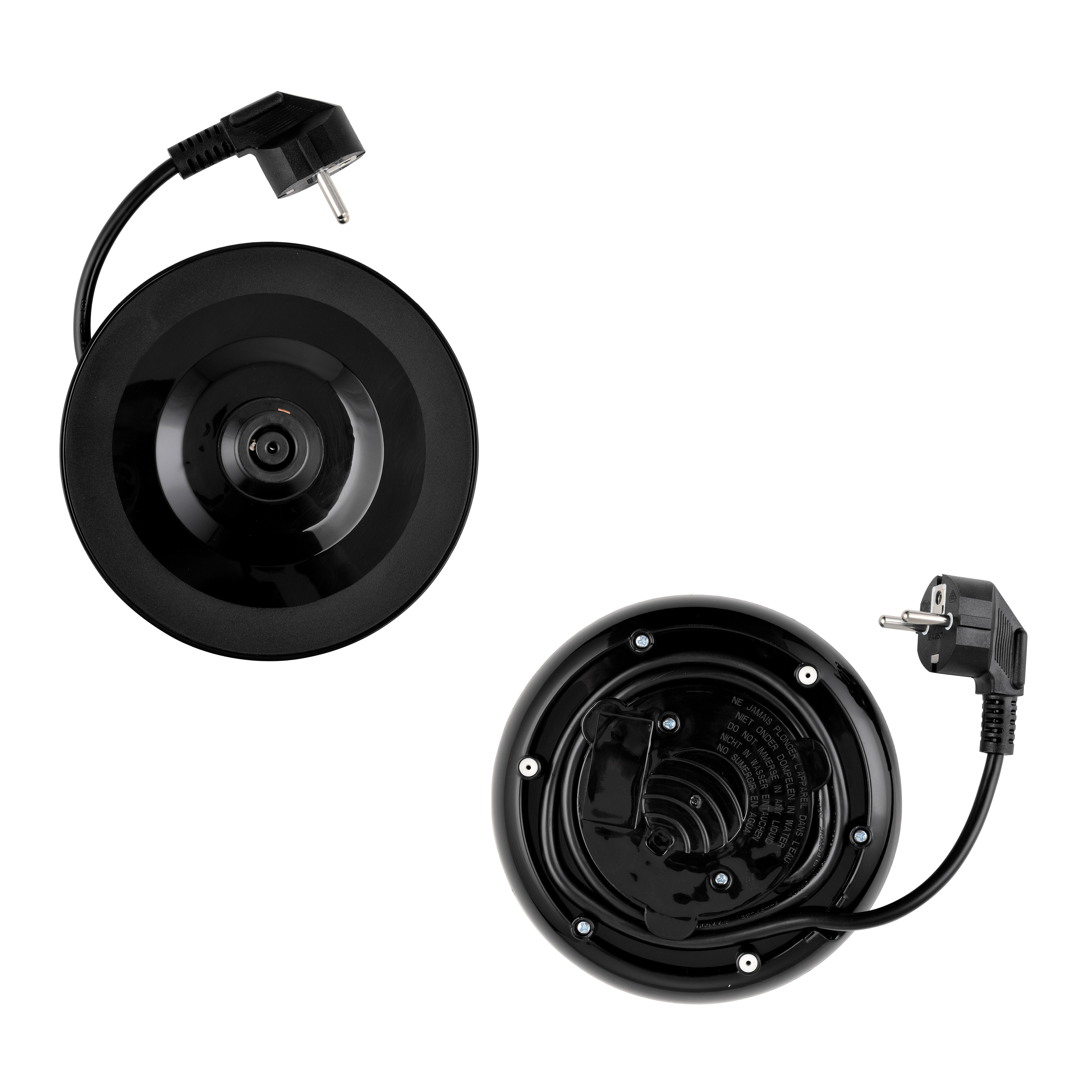 Black plug and cord base of a kettle on a white background.