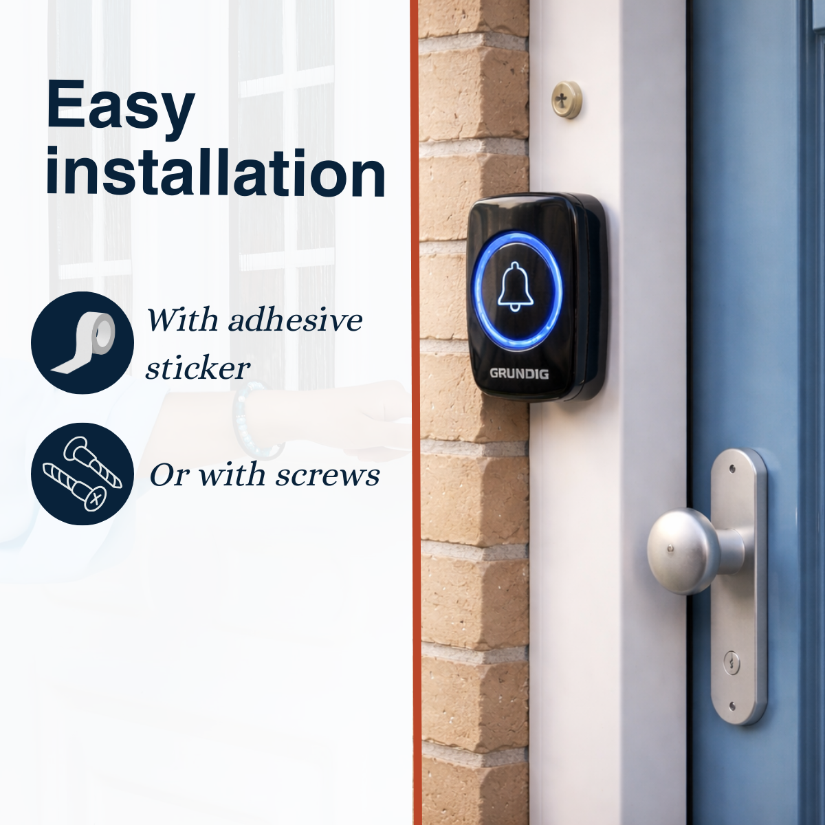 Zwarte draadloze deurbel met blauwe bel-LED op een deur. Eenvoudige installatie met sticker of schroeven.