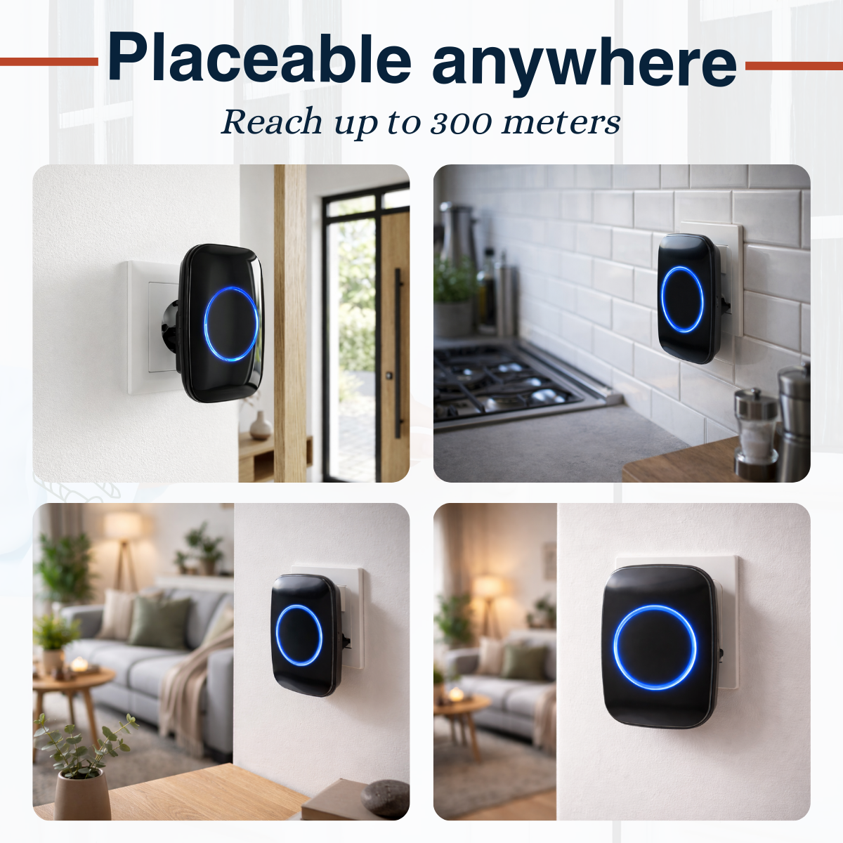 Een zwarte stekker met blauw licht in diverse kamers.