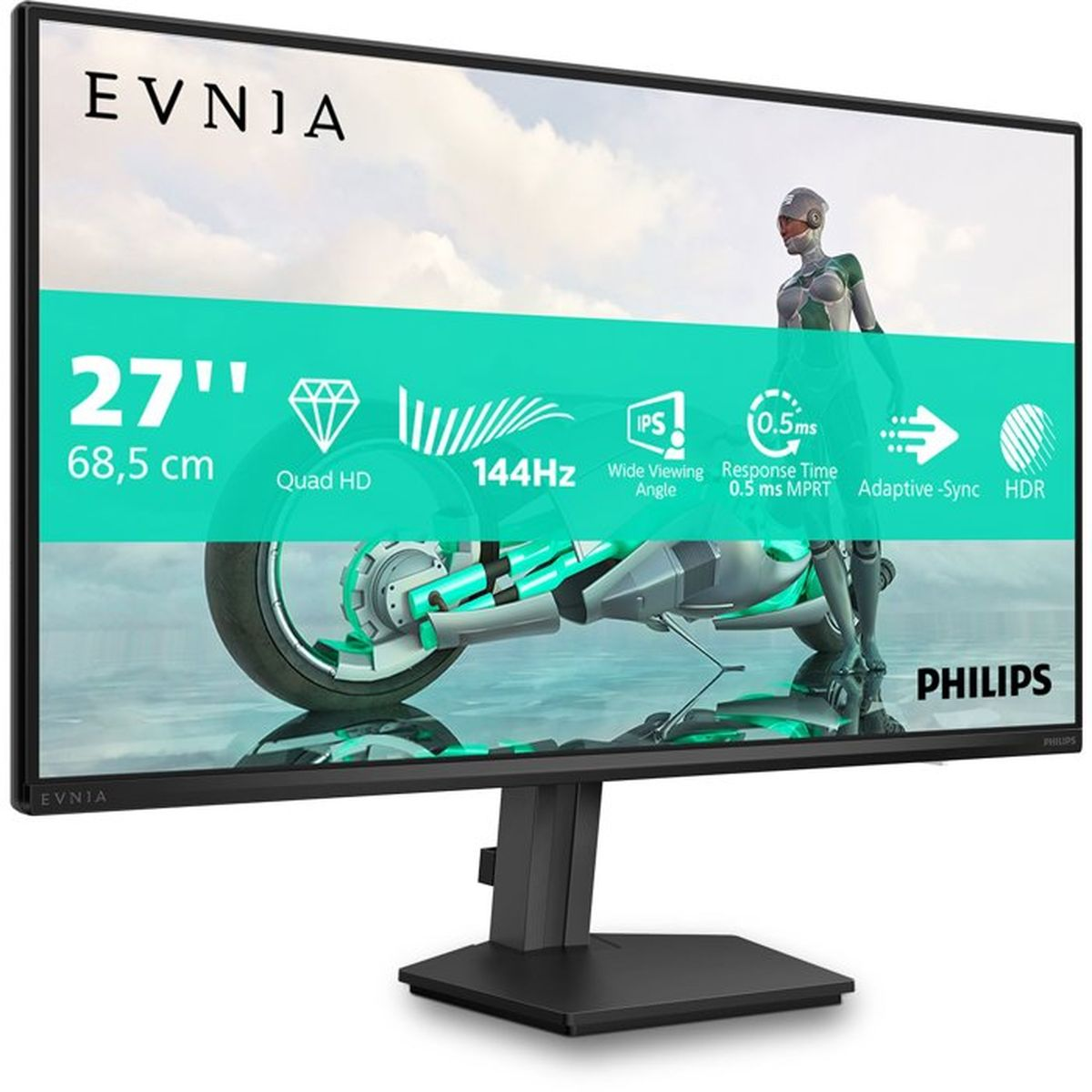Monitor 27 cali 144Hz, Quad HD, IPS i HDR. Przedstawia futurystyczny motocykl.