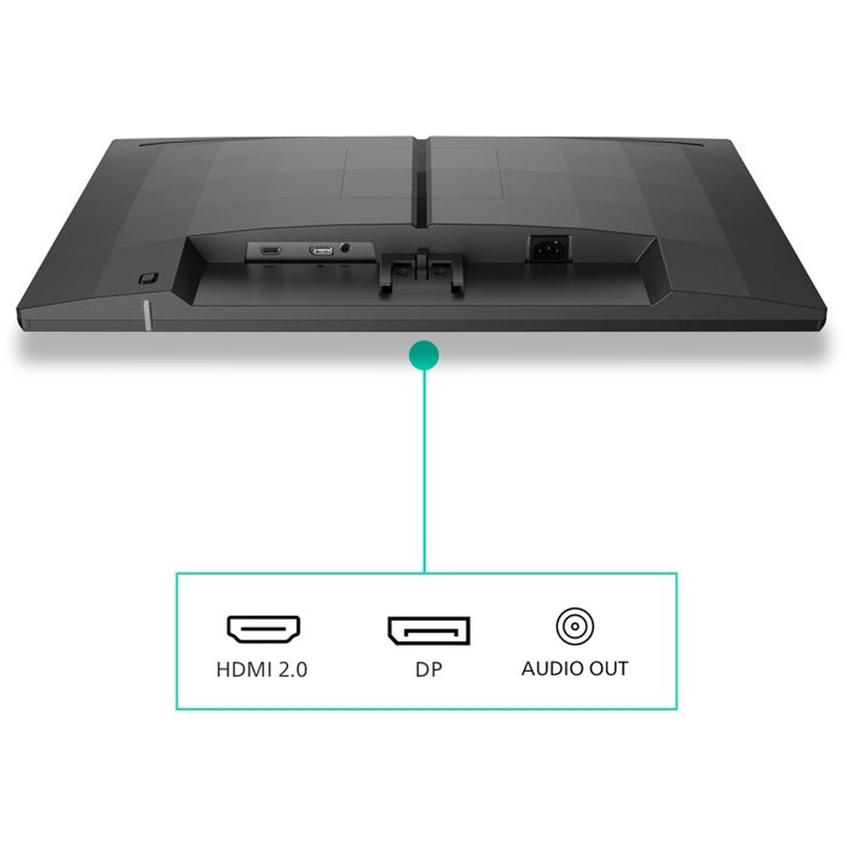 Tył monitora z portami HDMI, DP i wyjściem audio.