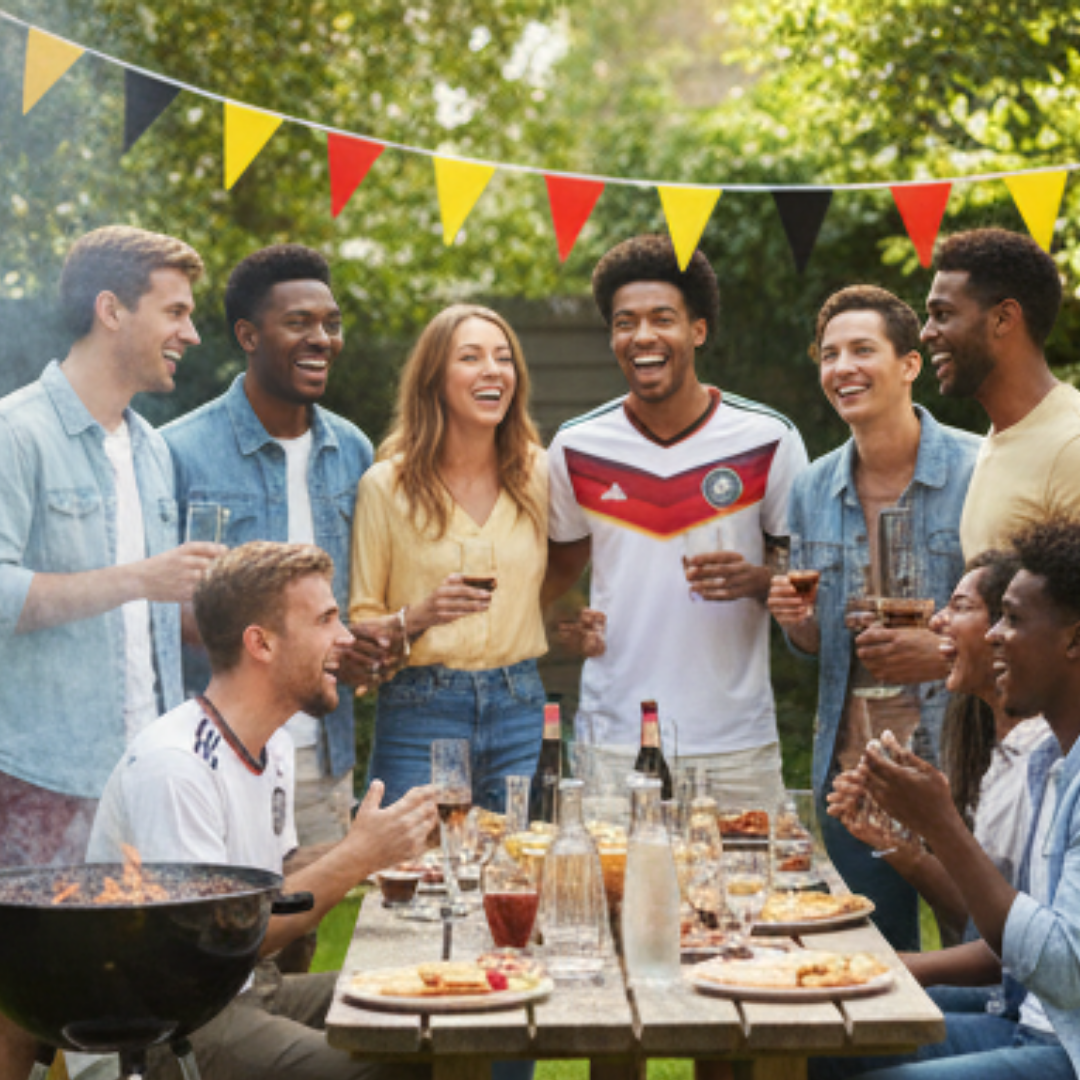 Gruppe lacht um Grill und Tisch mit Essen, Deutschland-Trikot.