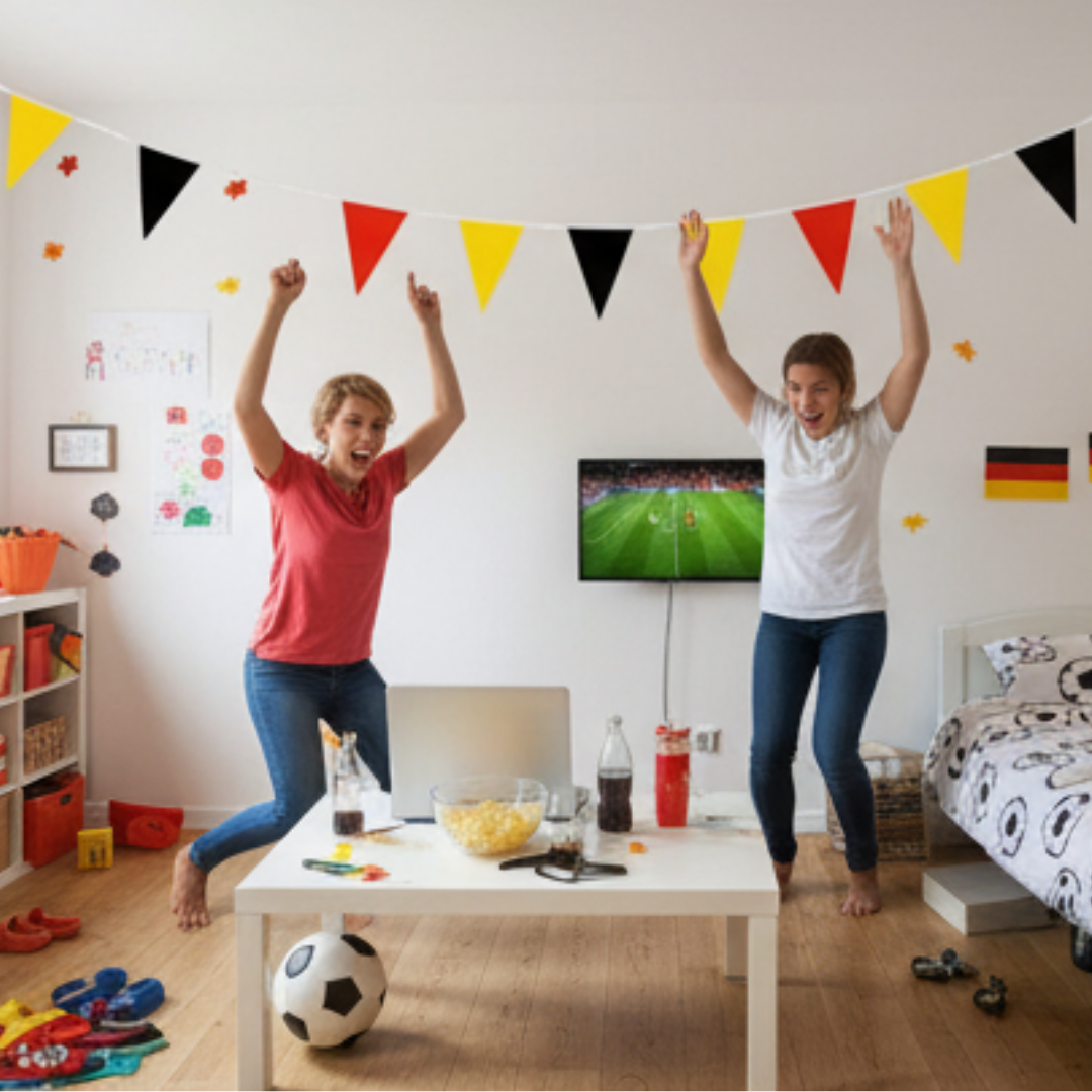 Zwei jubelnde Frauen schauen Fußball, mit Deutschlandflaggen und Girlanden dekoriert.