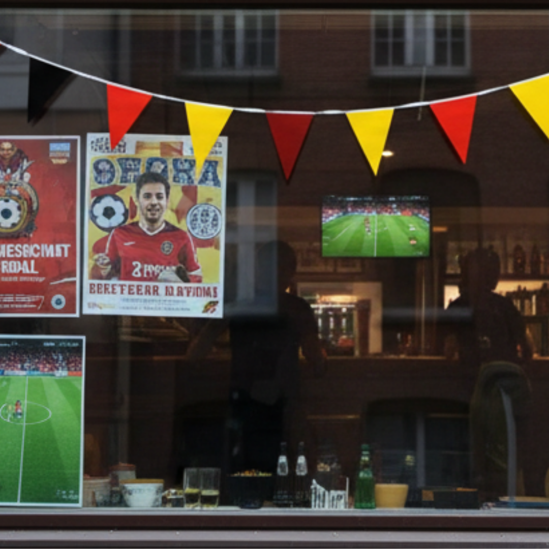 Fenster mit Fußballpostern, Wimpelketten und einem Fußballspiel auf dem Bildschirm.