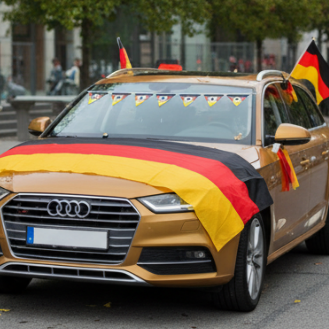 Ein goldener Audi mit Deutschlandflagge und Wimpelkette.
