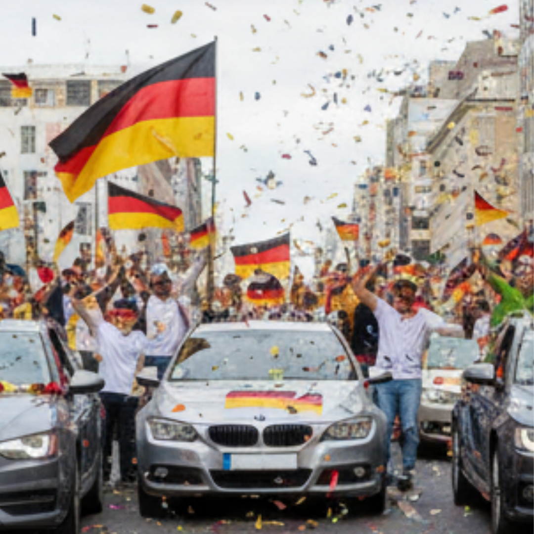 Menschen feiern mit Deutschlandflaggen und Konfetti auf einer Straße mit Autos.