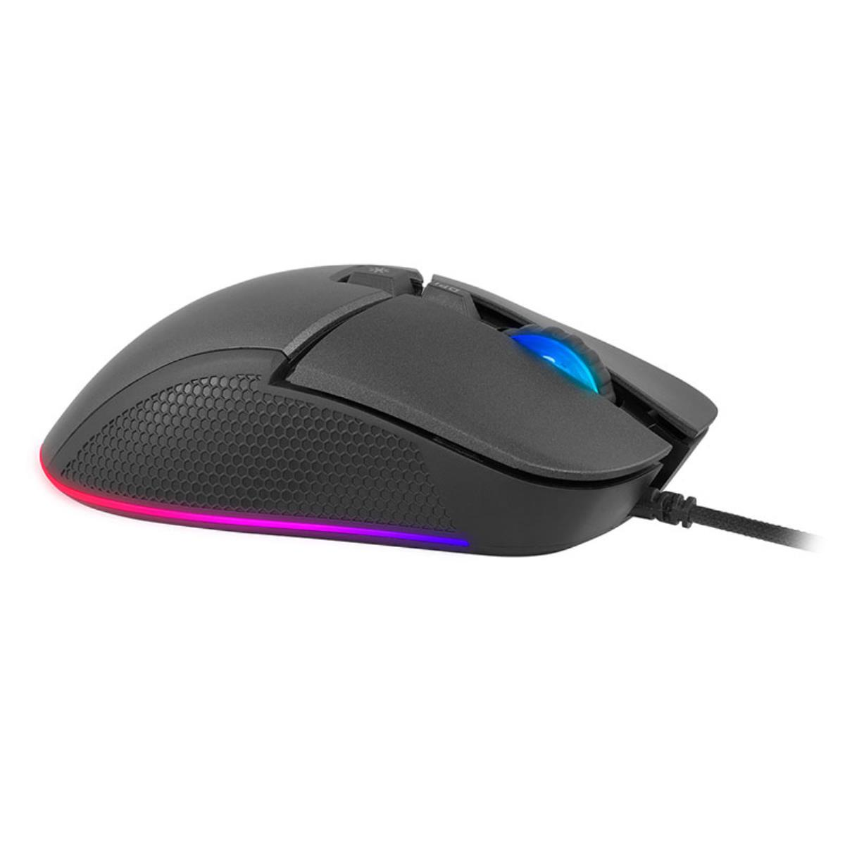 Un mouse da gaming nero con illuminazione blu e accenti RGB.