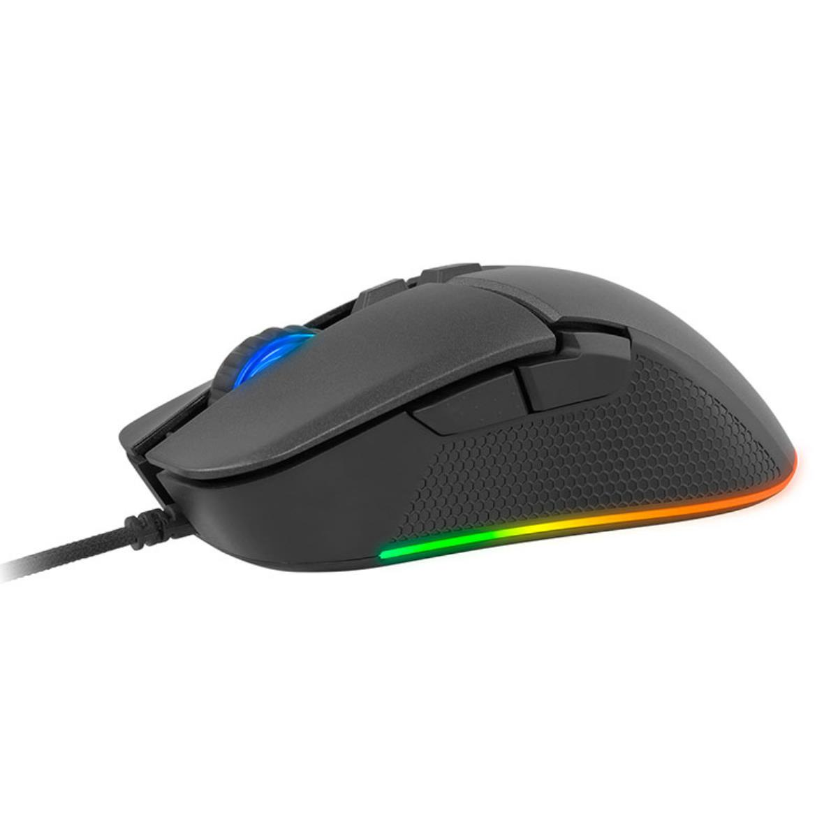 Mouse gaming nero con illuminazione RGB su rotella e base.