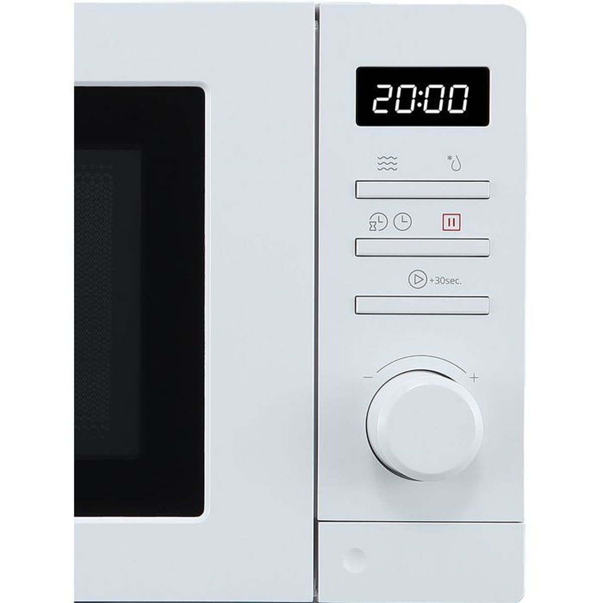 Microonde bianco con display digitale (20:00), pulsanti e manopola.