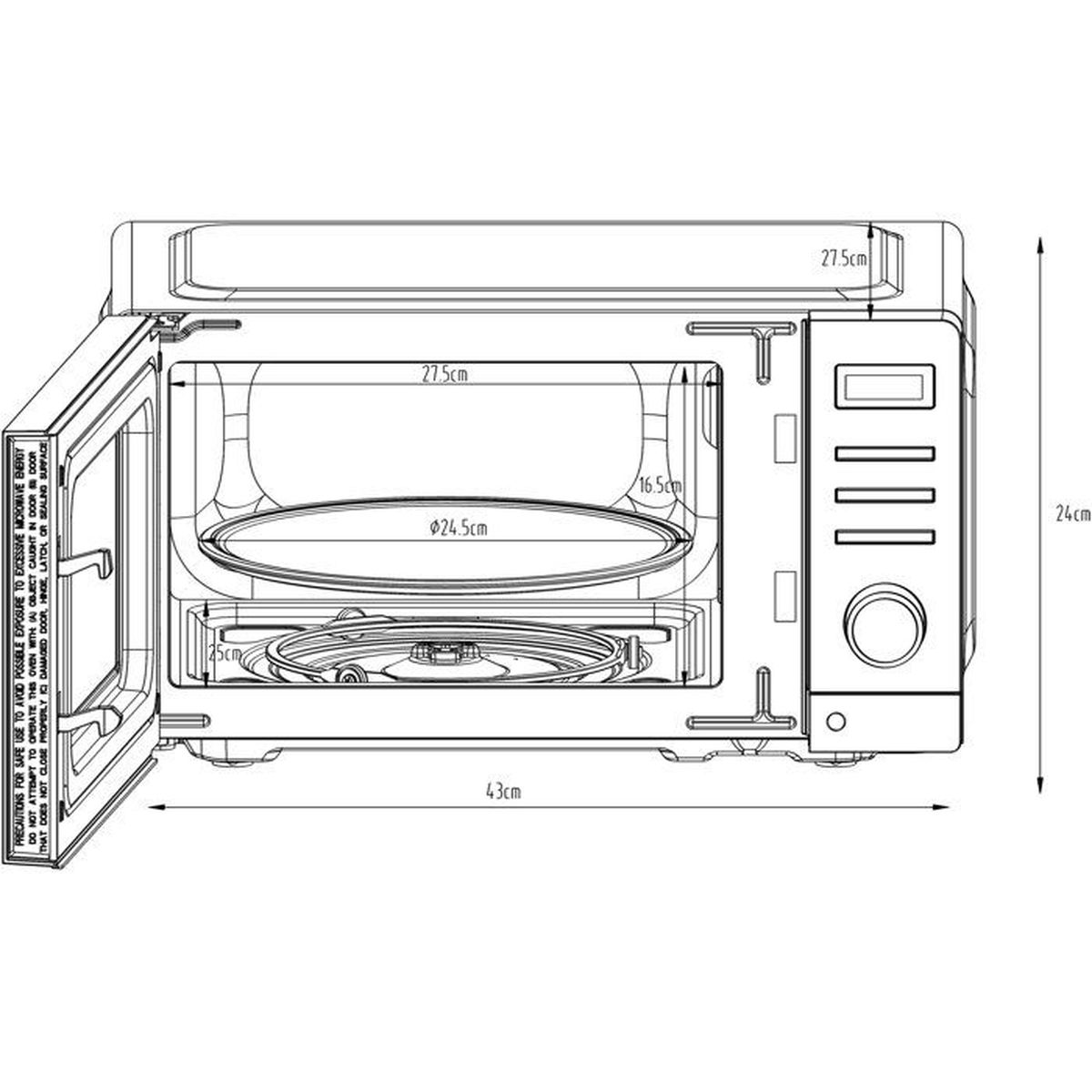 Disegno tecnico di un forno a microonde aperto con dimensioni.