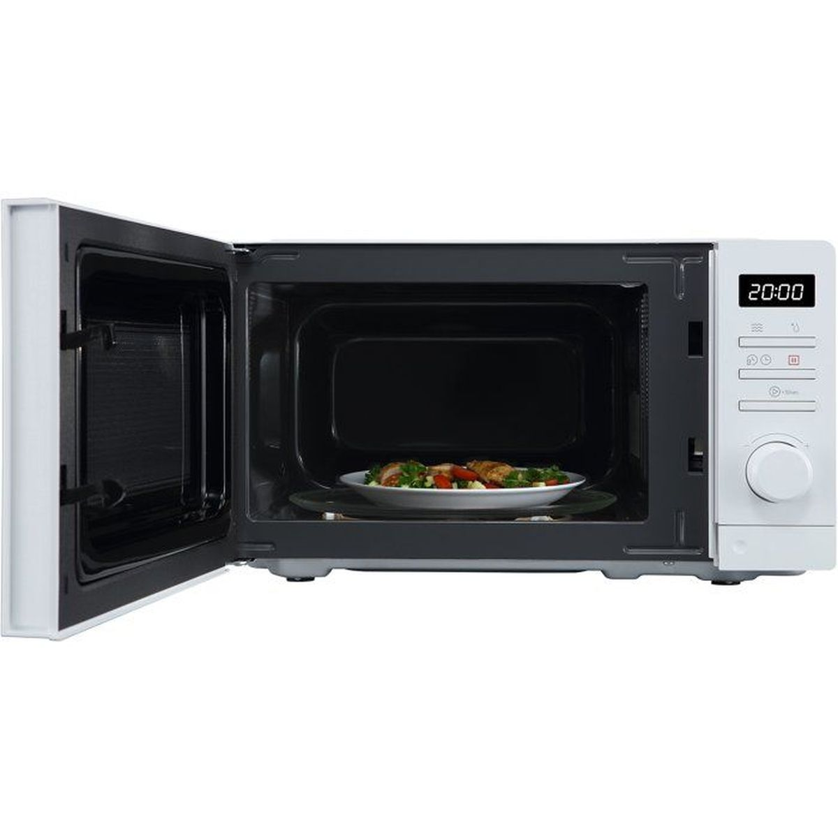 Microonde bianco con porta aperta, piatto di cibo all'interno.