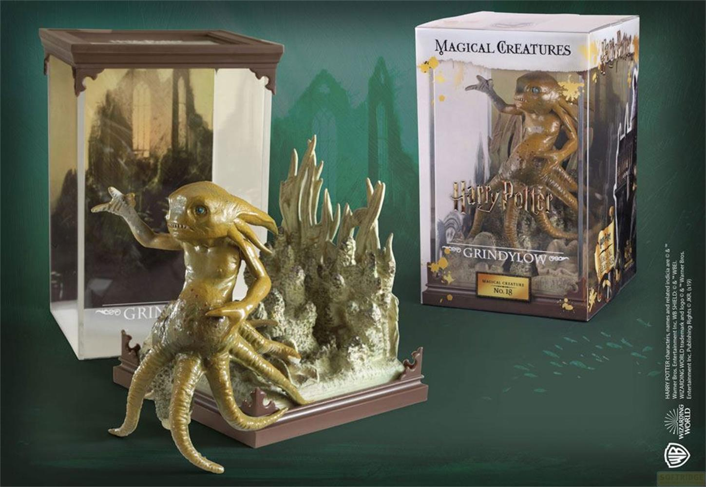 Una figura de Grindeloh verde y tentaculada junto a su caja.